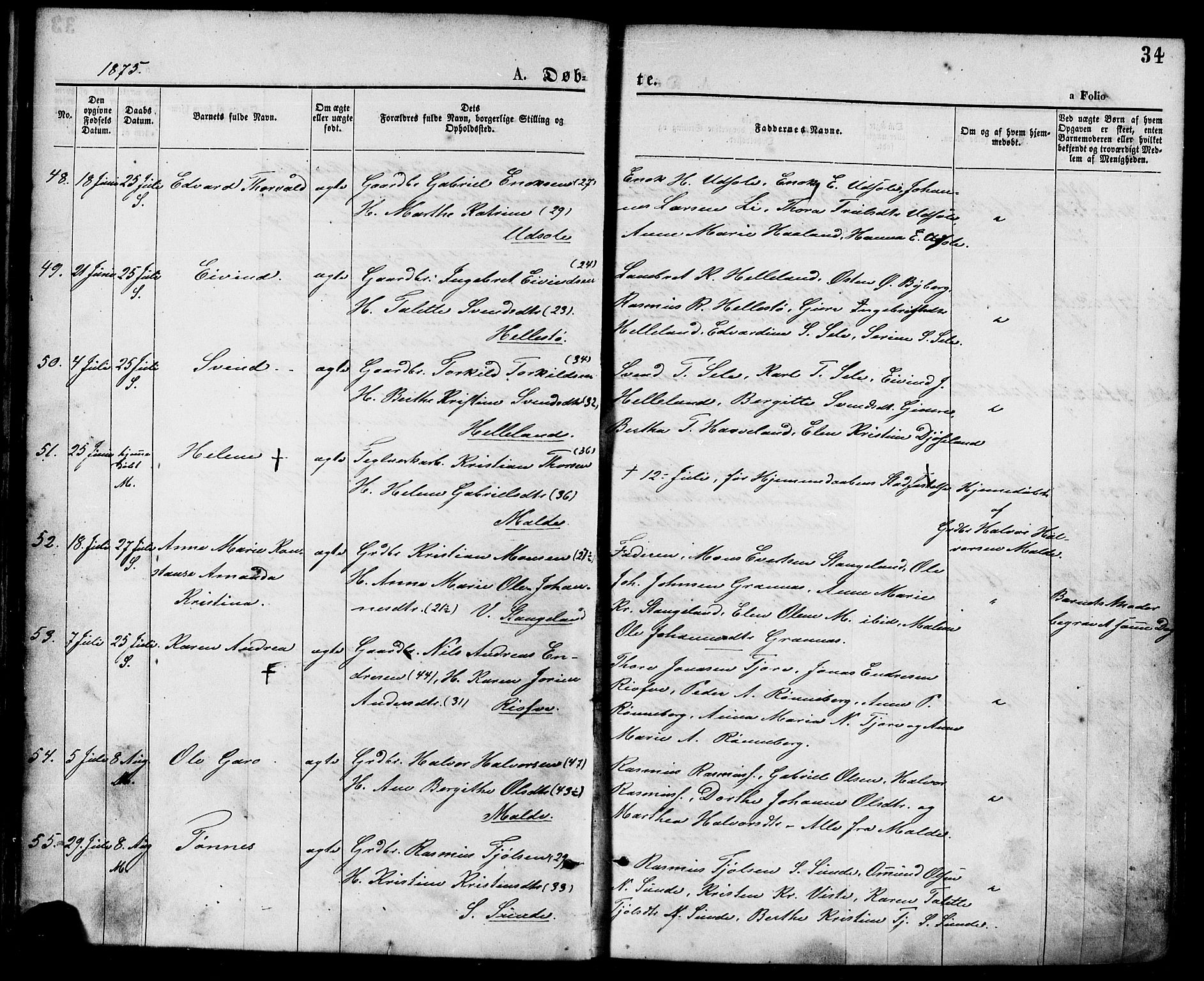 Håland sokneprestkontor, AV/SAST-A-101802/001/30BA/L0009: Parish register (official) no. A 8, 1871-1882, p. 34
