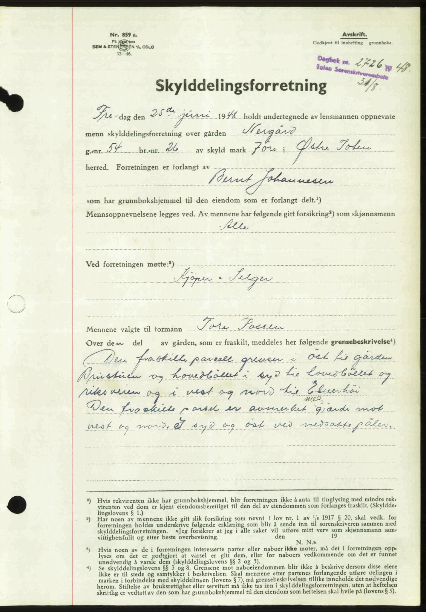 Toten tingrett, SAH/TING-006/H/Hb/Hbc/L0020: Mortgage book no. Hbc-20, 1948-1948, Diary no: : 2726/1948