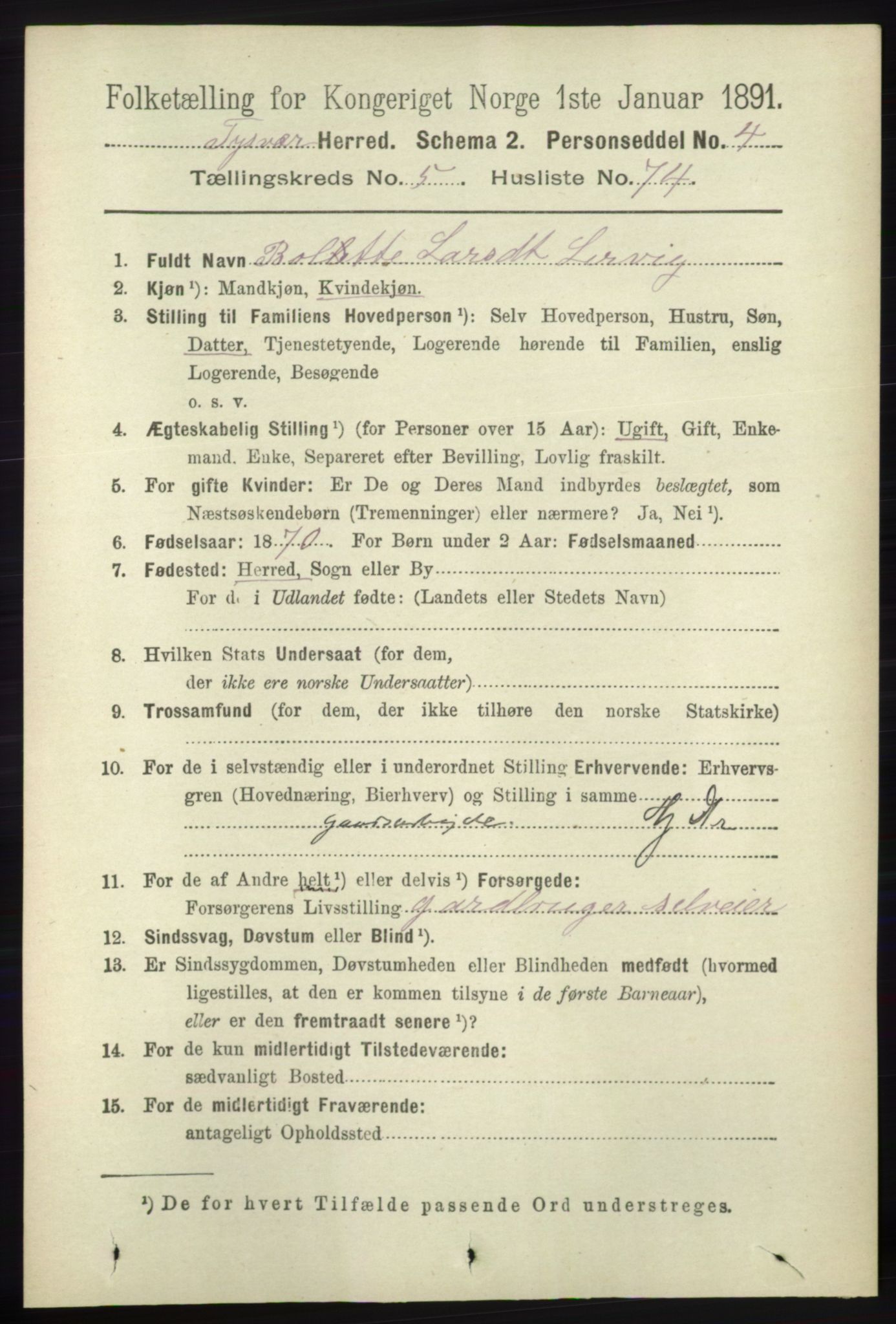 RA, 1891 census for 1146 Tysvær, 1891, p. 2229