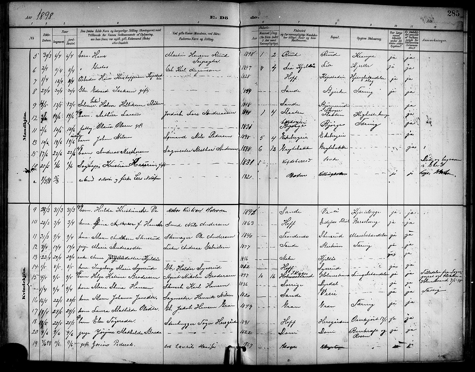 Sande Kirkebøker, AV/SAKO-A-53/G/Ga/L0004: Parish register (copy) no. 4, 1895-1918, p. 285