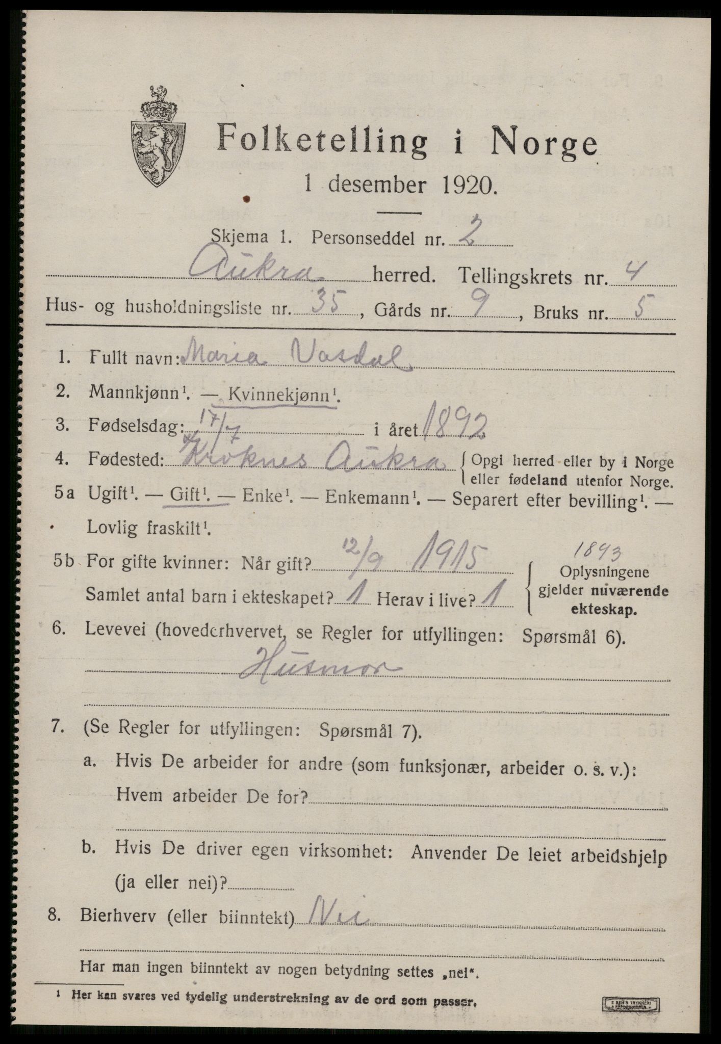 SAT, 1920 census for Aukra, 1920, p. 3191