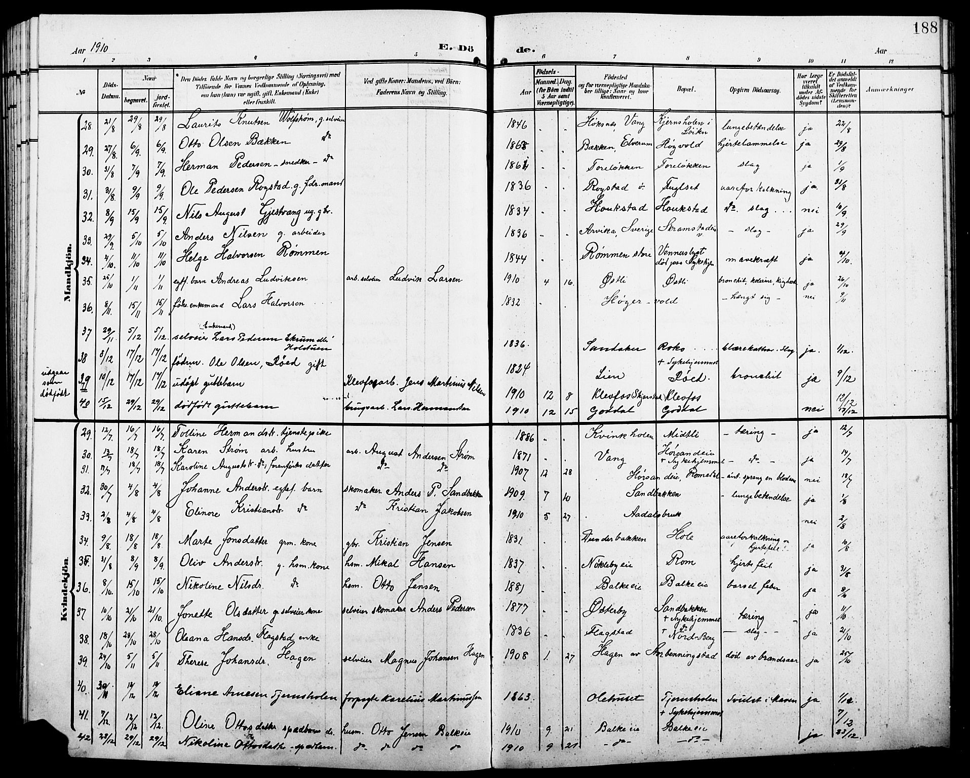 Løten prestekontor, SAH/PREST-022/L/La/L0007: Parish register (copy) no. 7, 1910-1919, p. 188