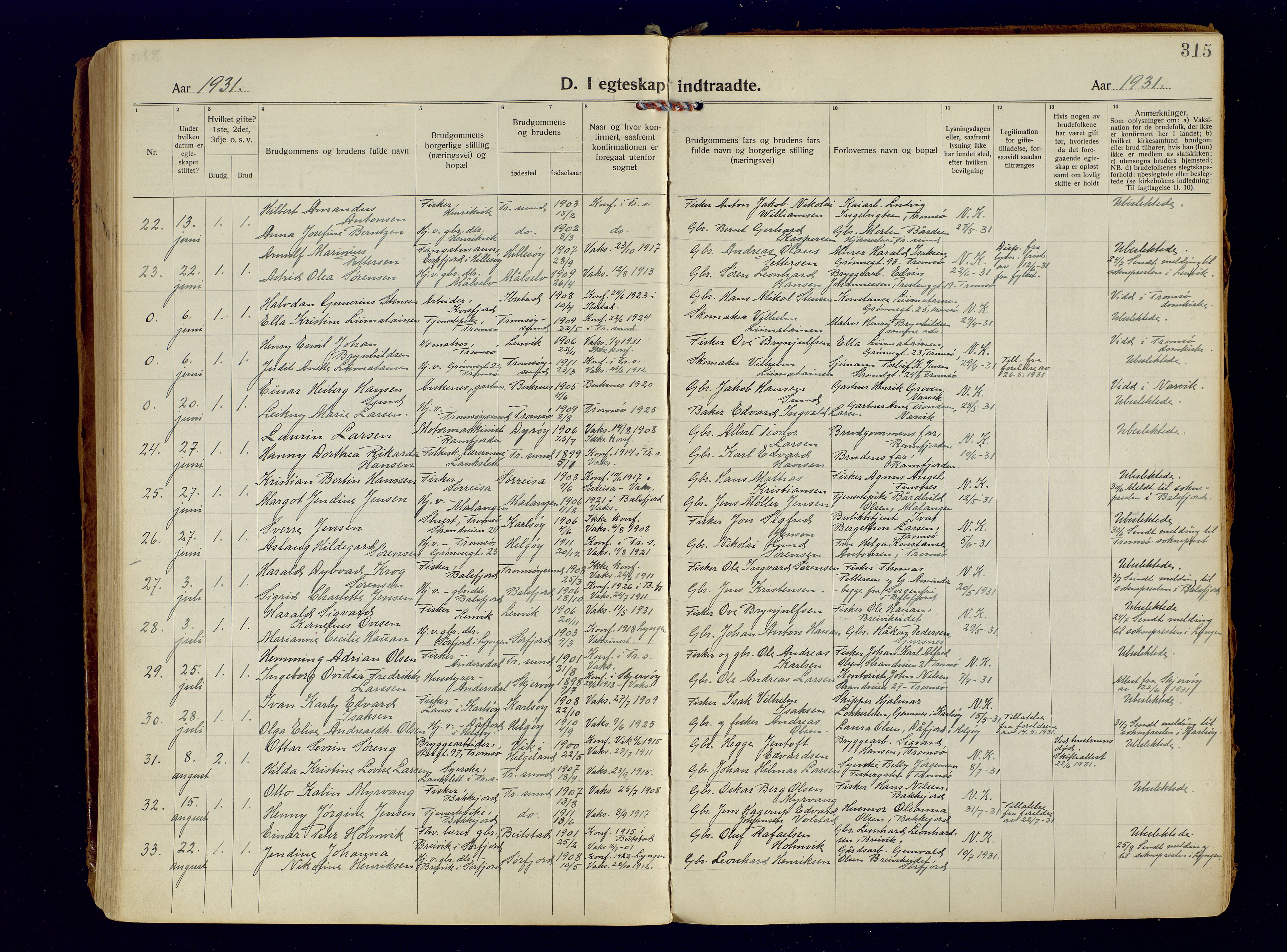 Tromsøysund sokneprestkontor, AV/SATØ-S-1304/G/Ga/L0009kirke: Parish register (official) no. 9, 1922-1934, p. 315