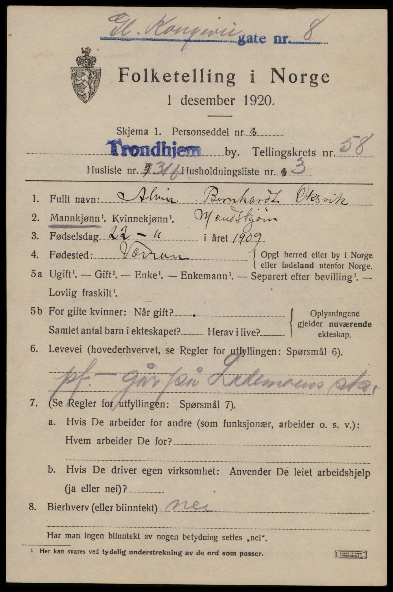 SAT, 1920 census for Trondheim, 1920, p. 115890