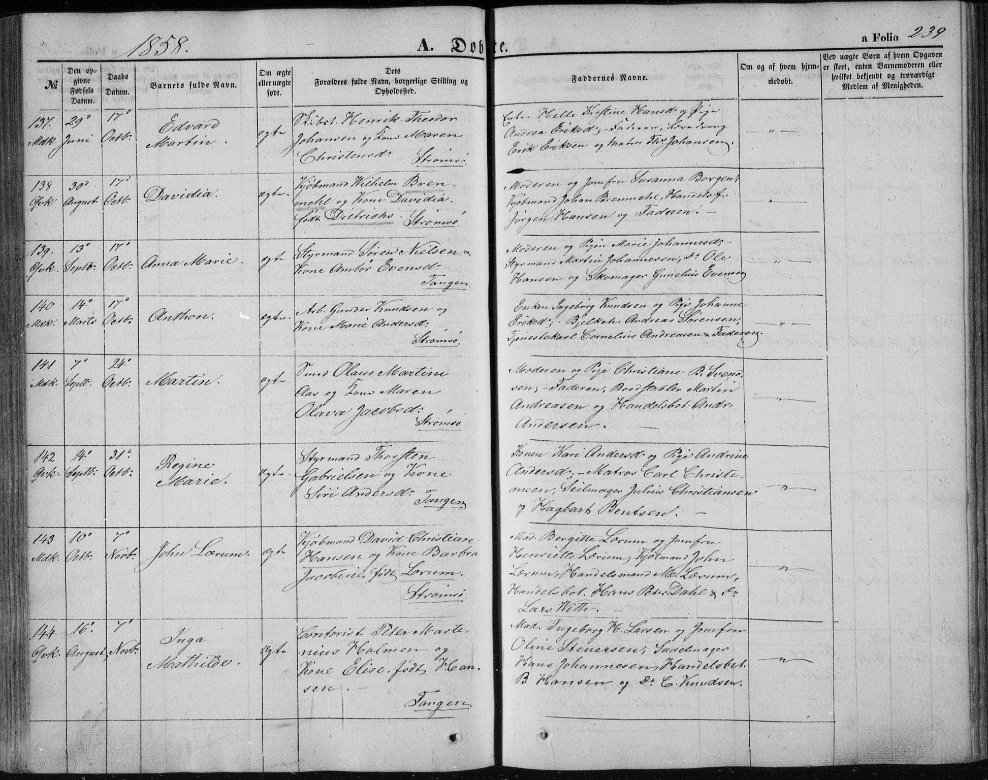 Strømsø kirkebøker, AV/SAKO-A-246/F/Fa/L0014: Parish register (official) no. I 14, 1848-1858, p. 239