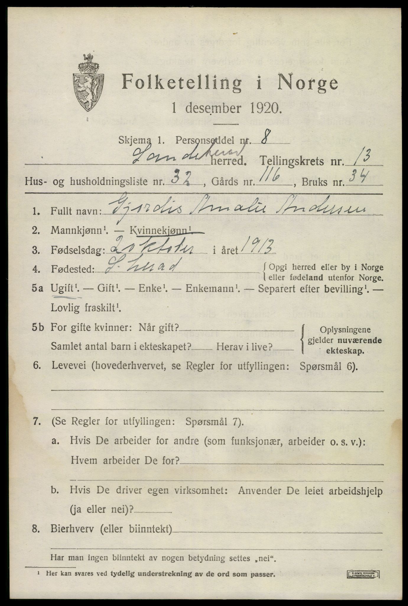SAKO, 1920 census for Sandeherred, 1920, p. 19680