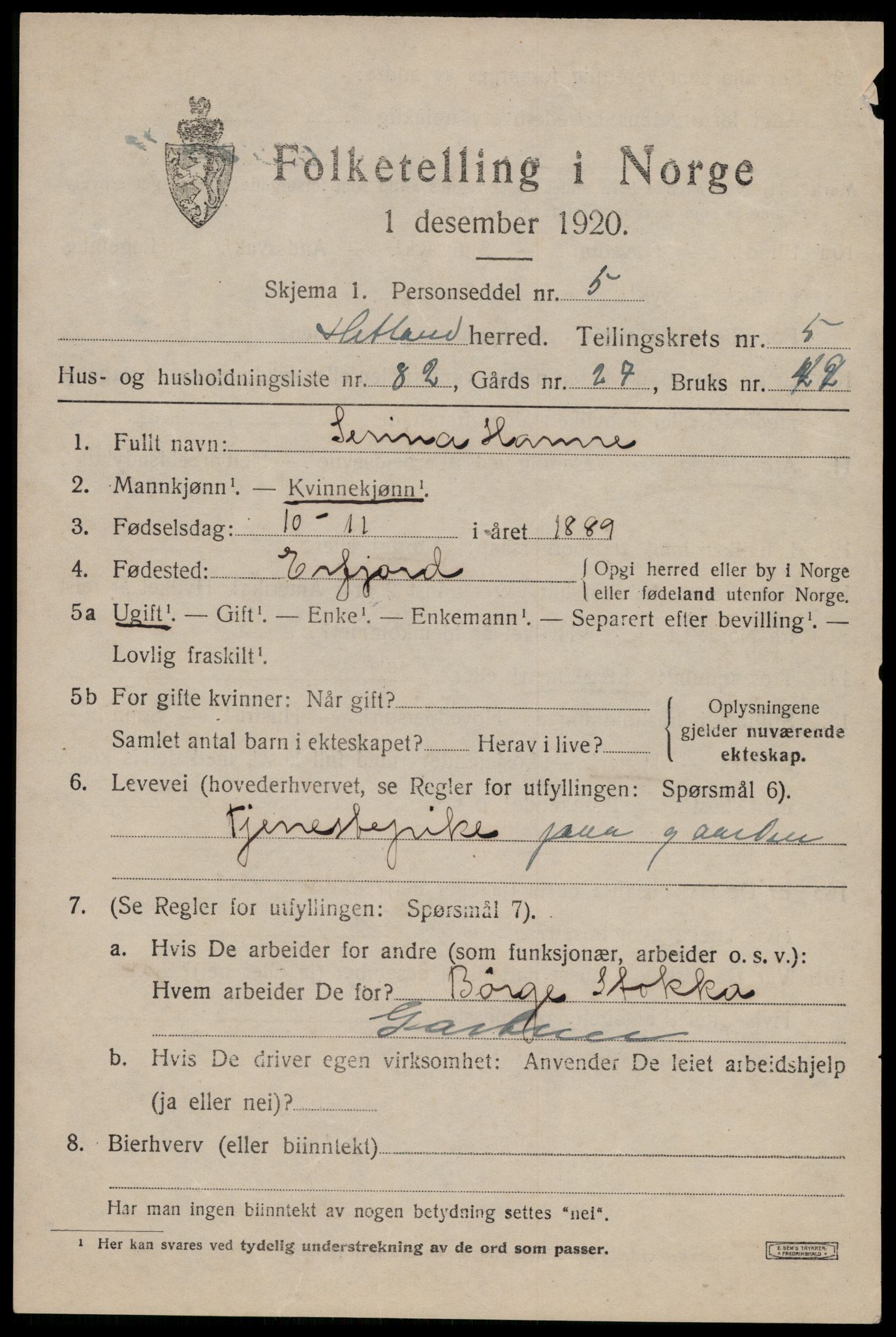 SAST, 1920 census for Hetland, 1920, p. 9455