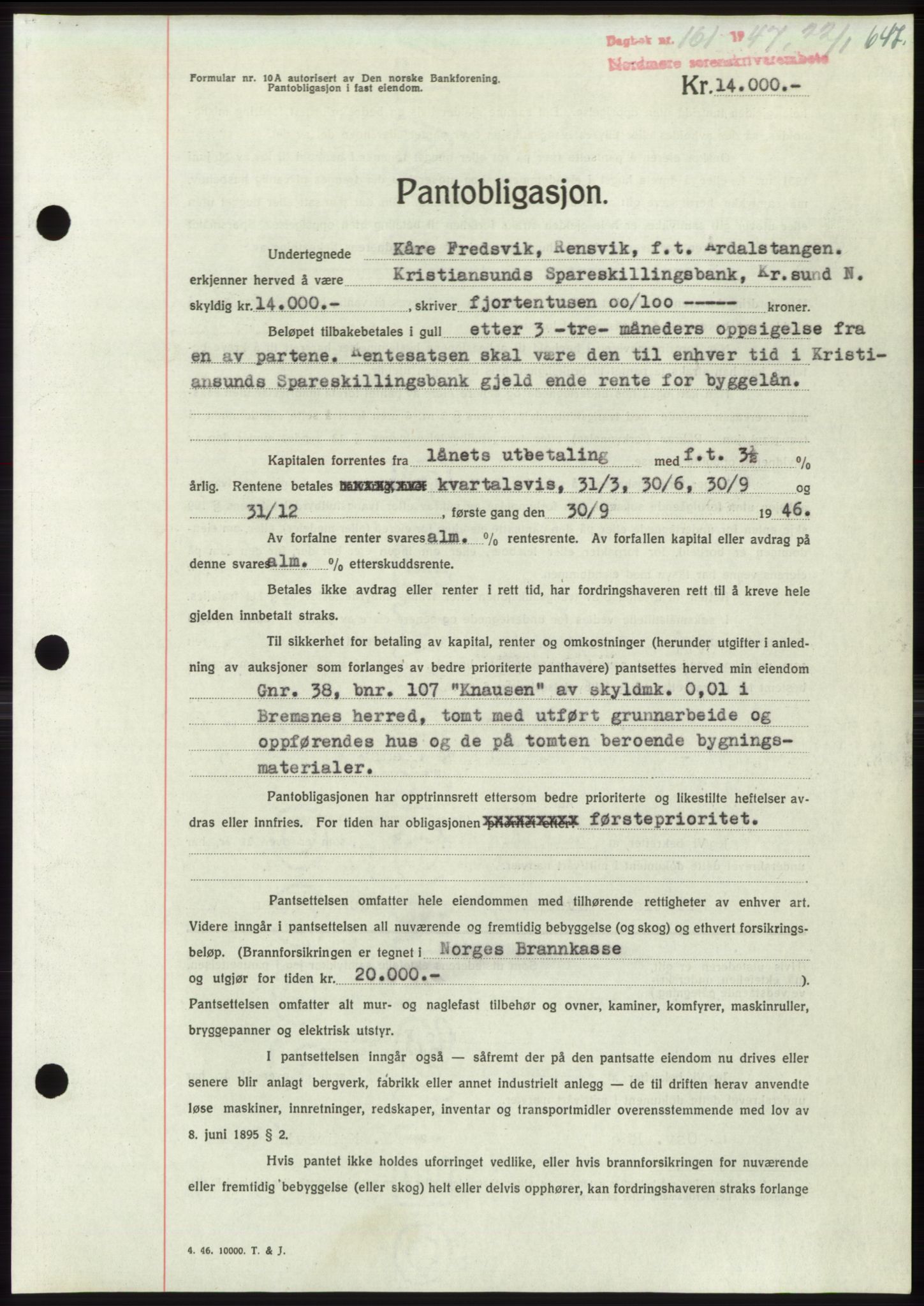 Nordmøre sorenskriveri, AV/SAT-A-4132/1/2/2Ca: Mortgage book no. B95, 1946-1947, Diary no: : 161/1947