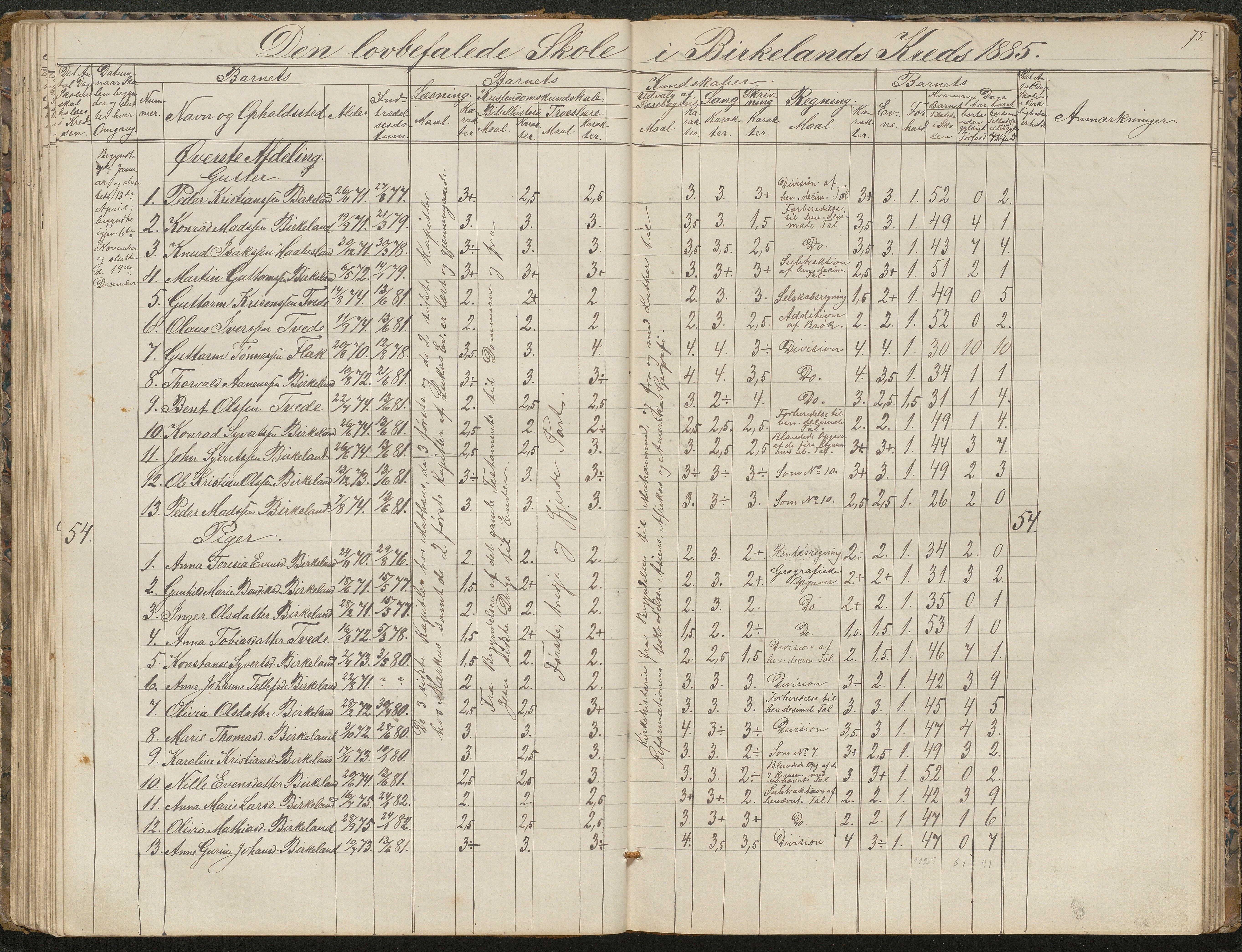 Birkenes kommune, Birkenes krets/Birkeland folkeskole frem til 1991, AAKS/KA0928-550a_91/F02/L0001: Skoleprotokoll, 1862-1896, p. 75