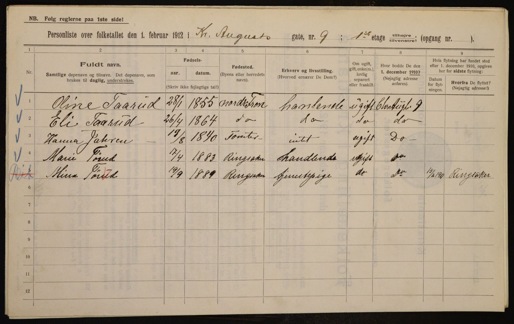 OBA, Municipal Census 1912 for Kristiania, 1912, p. 54255
