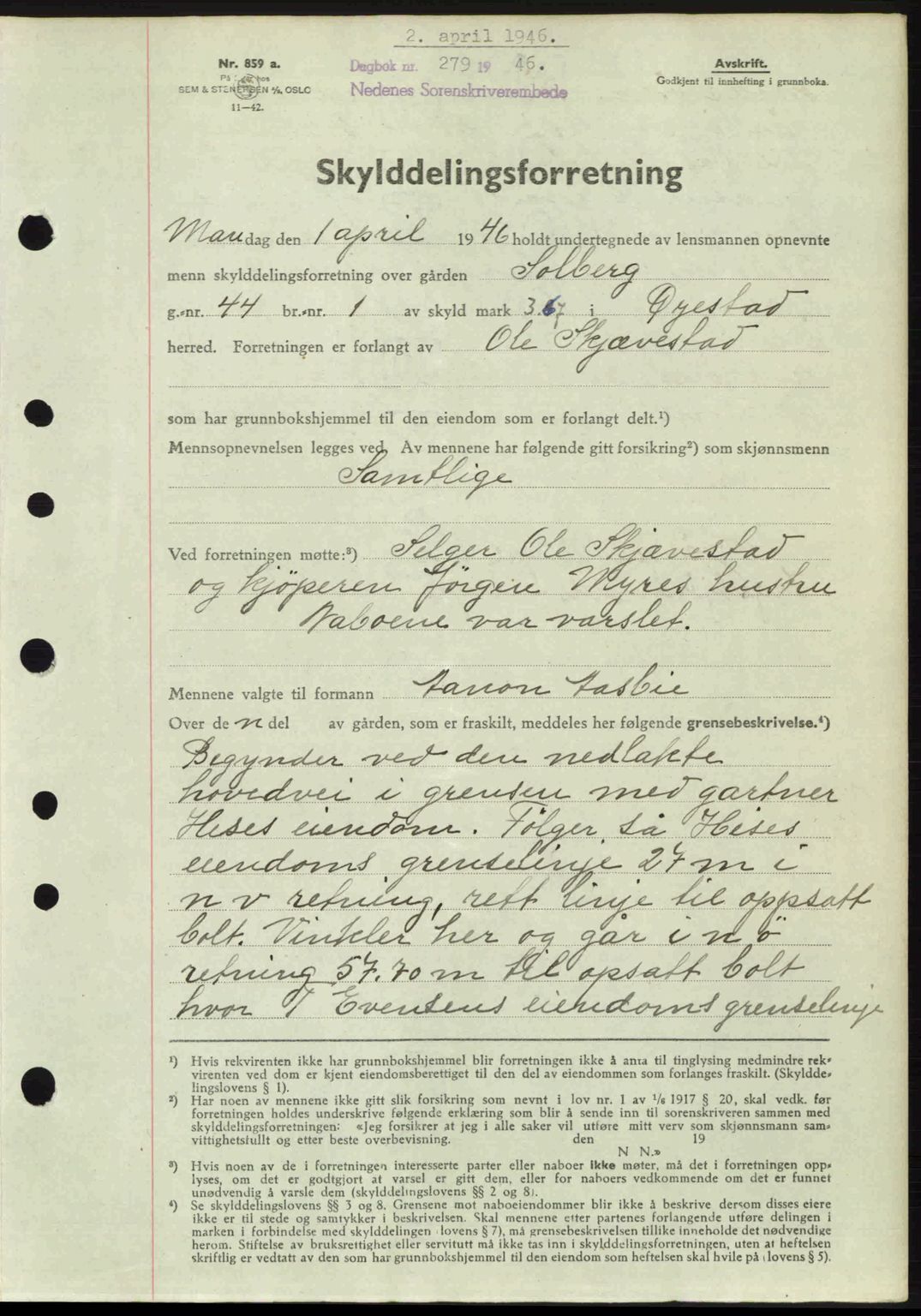 Nedenes sorenskriveri, SAK/1221-0006/G/Gb/Gba/L0054: Mortgage book no. A6c, 1946-1946, Diary no: : 279/1946