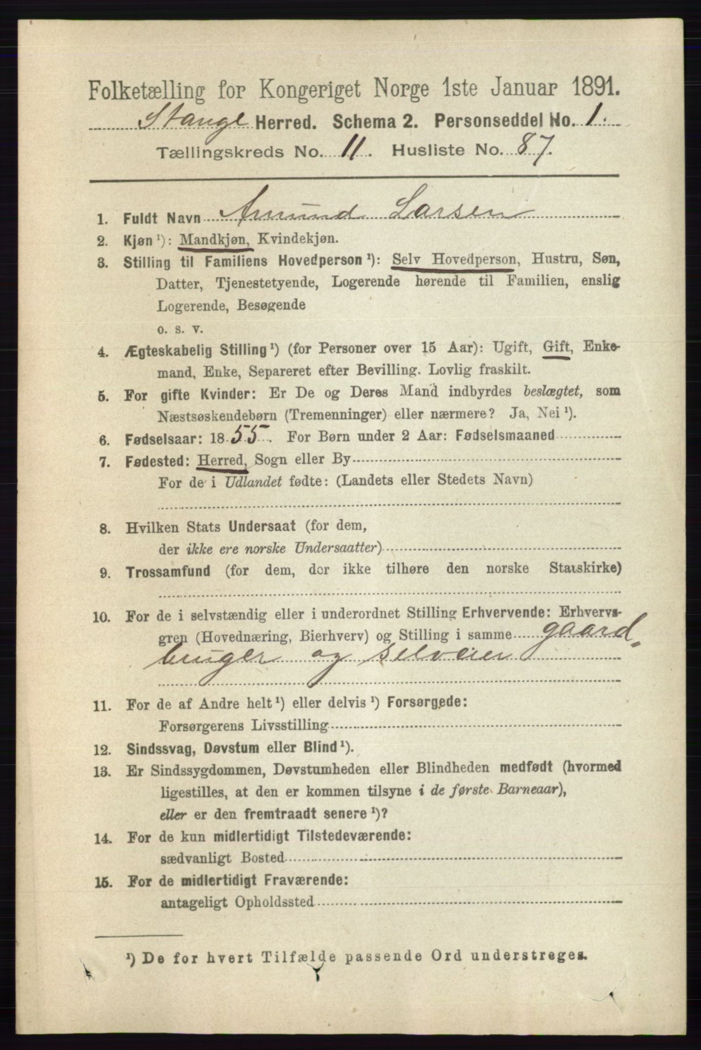 RA, 1891 census for 0417 Stange, 1891, p. 7939