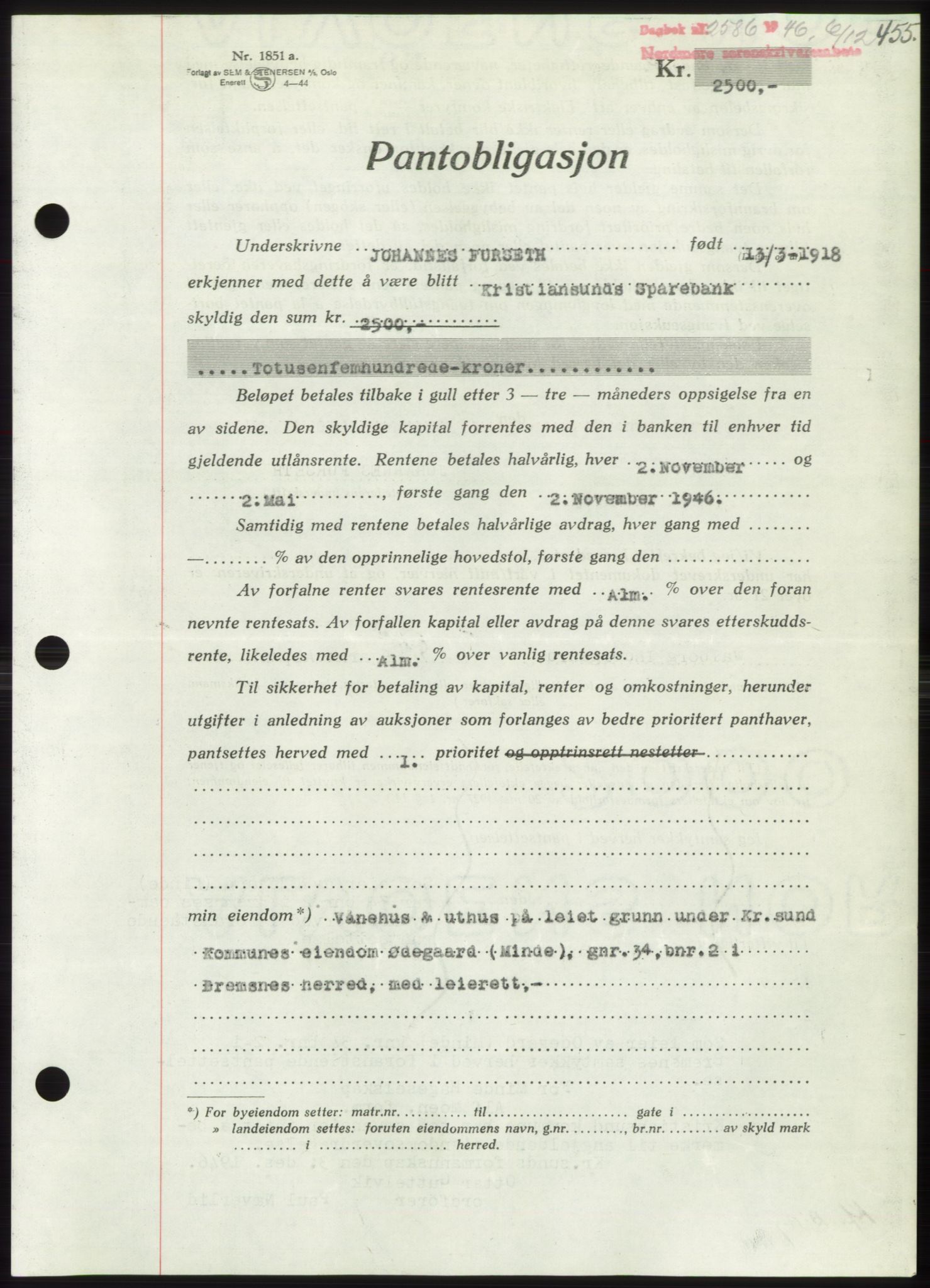 Nordmøre sorenskriveri, AV/SAT-A-4132/1/2/2Ca: Mortgage book no. B95, 1946-1947, Diary no: : 2586/1946