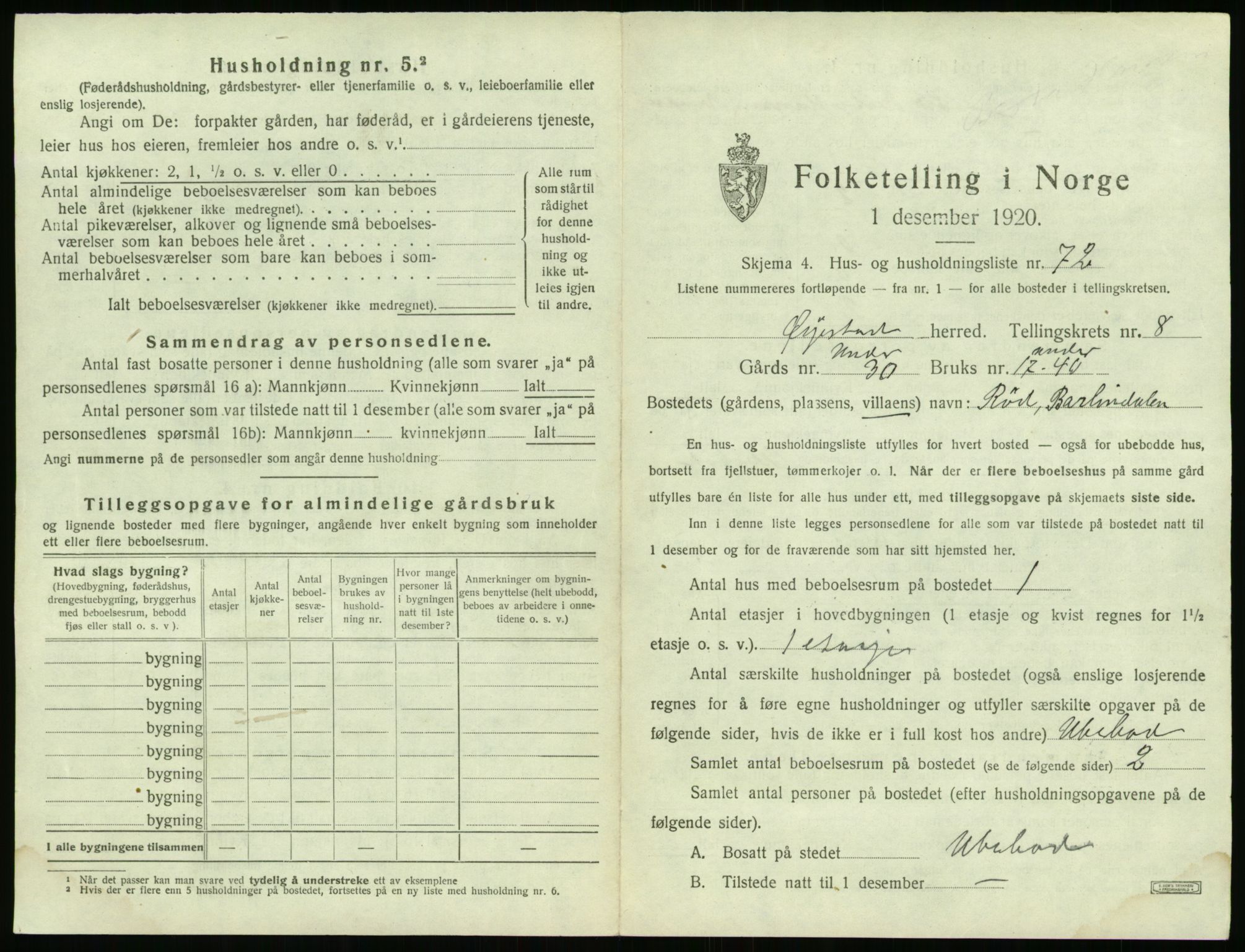 SAK, 1920 census for Øyestad, 1920, p. 878