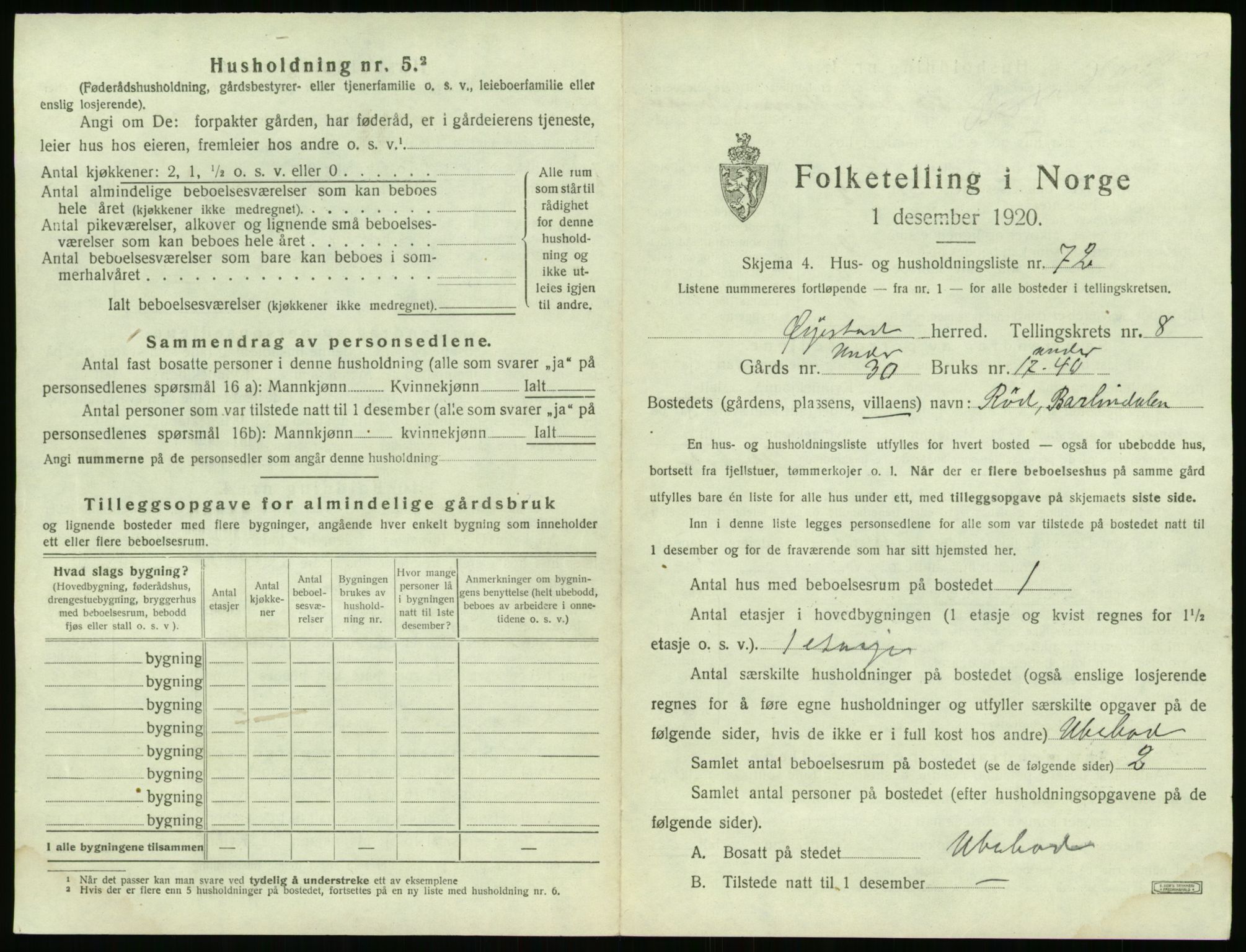 SAK, 1920 census for Øyestad, 1920, p. 878