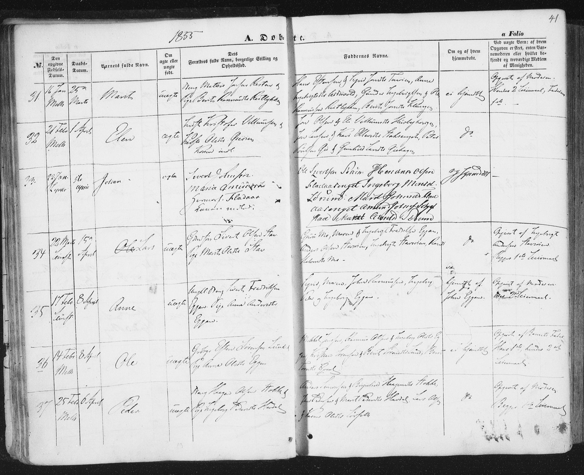 Ministerialprotokoller, klokkerbøker og fødselsregistre - Sør-Trøndelag, SAT/A-1456/691/L1076: Parish register (official) no. 691A08, 1852-1861, p. 41