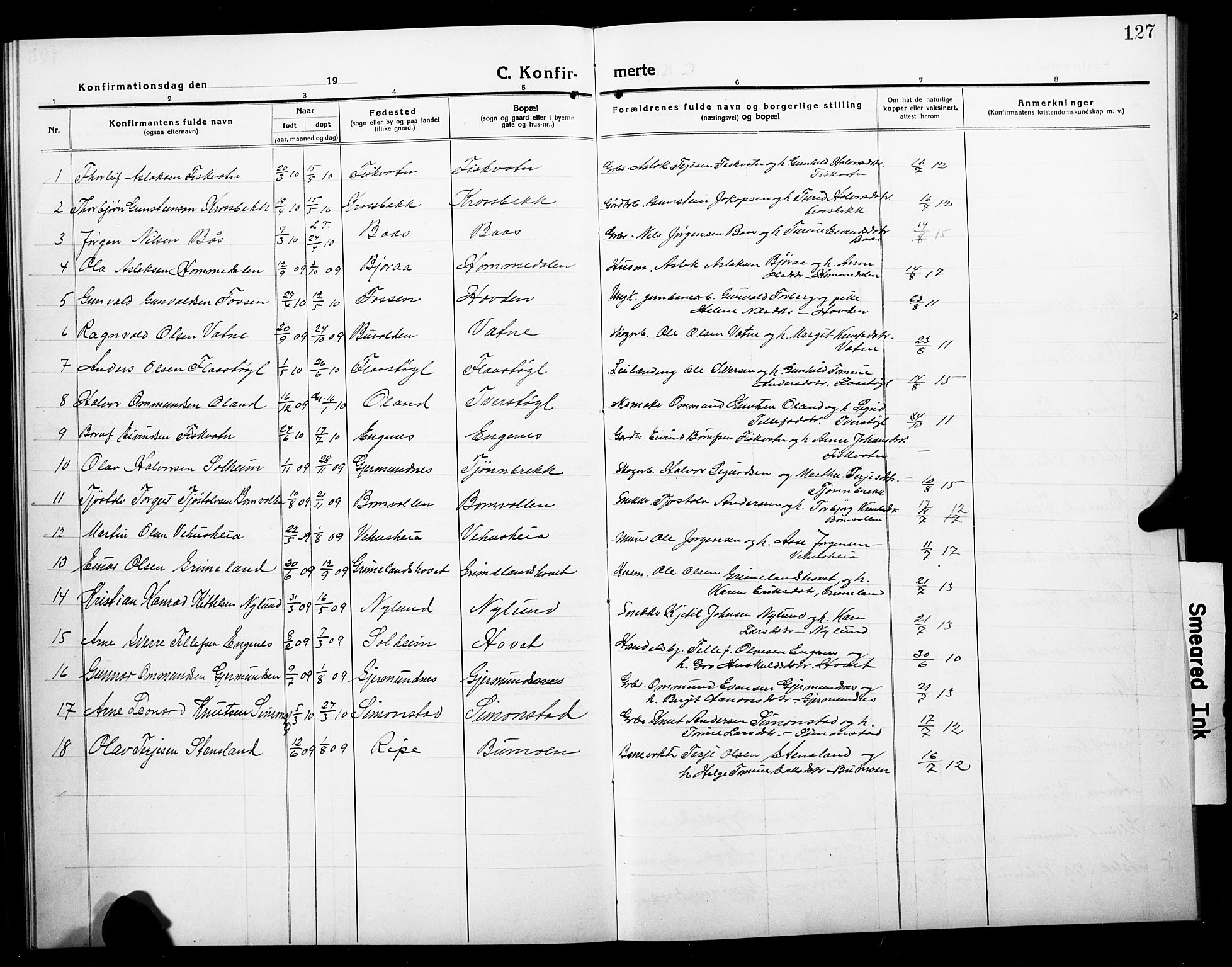 Åmli sokneprestkontor, SAK/1111-0050/F/Fb/Fbc/L0006: Parish register (copy) no. B 6, 1915-1929, p. 127