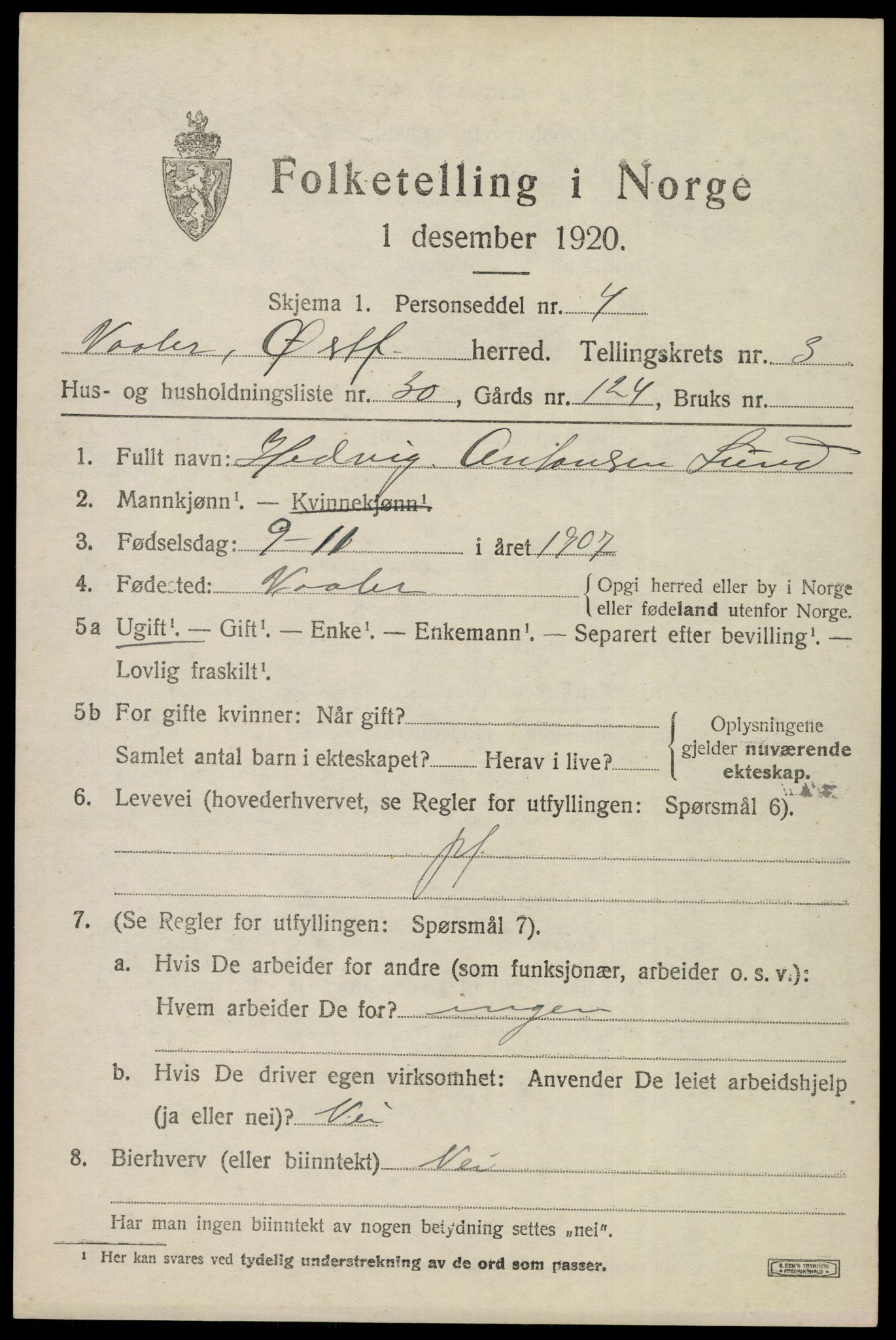 SAO, 1920 census for Våler, 1920, p. 2350