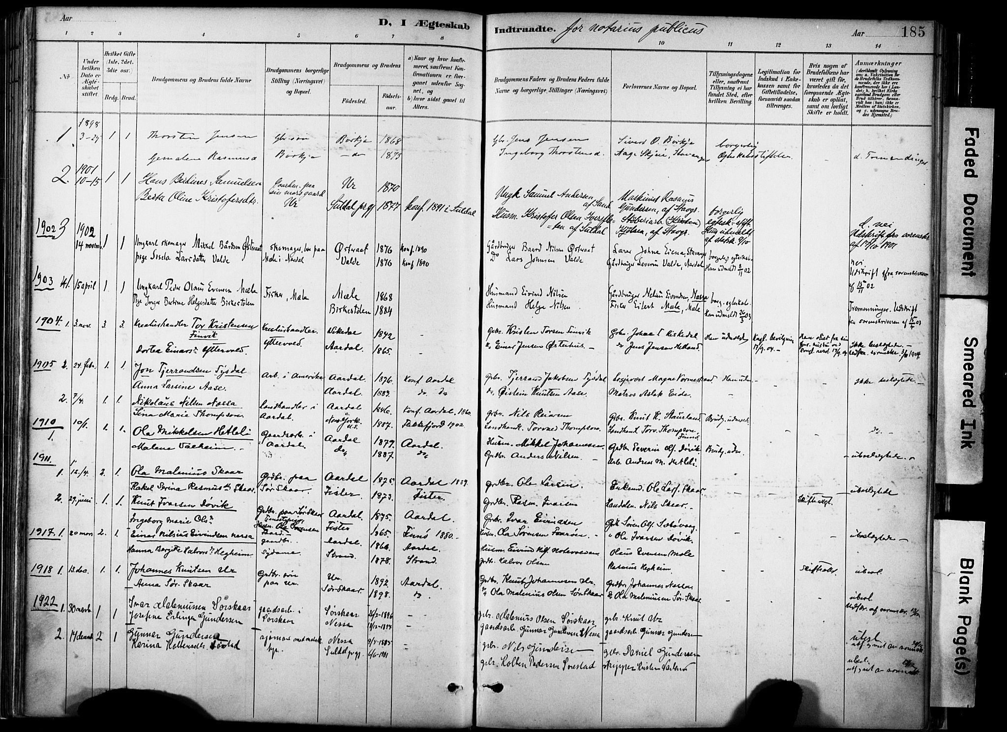 Hjelmeland sokneprestkontor, SAST/A-101843/02/A/L0001: Parish register (official) no. A 16, 1887-1926, p. 185