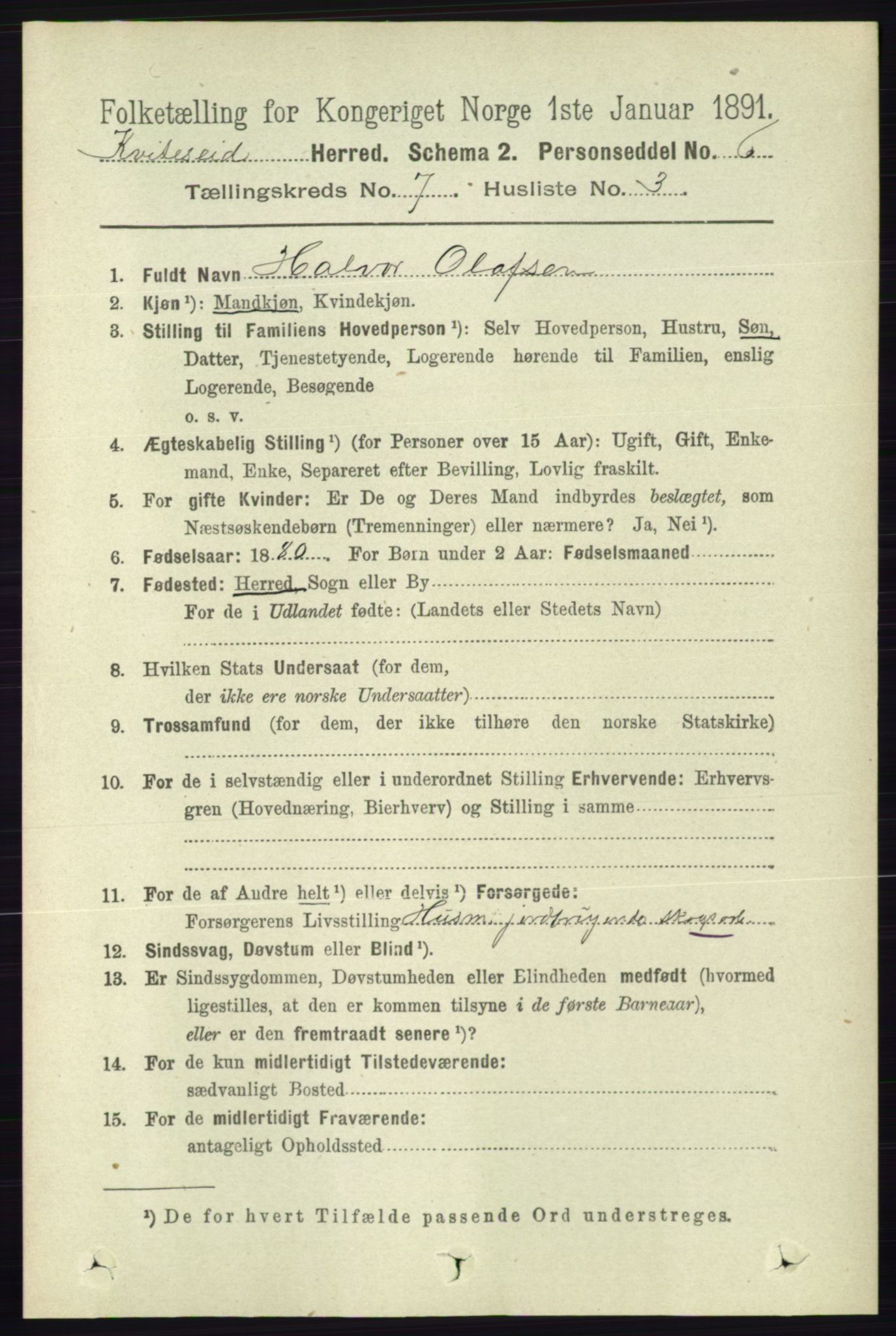 RA, 1891 census for 0829 Kviteseid, 1891, p. 1382