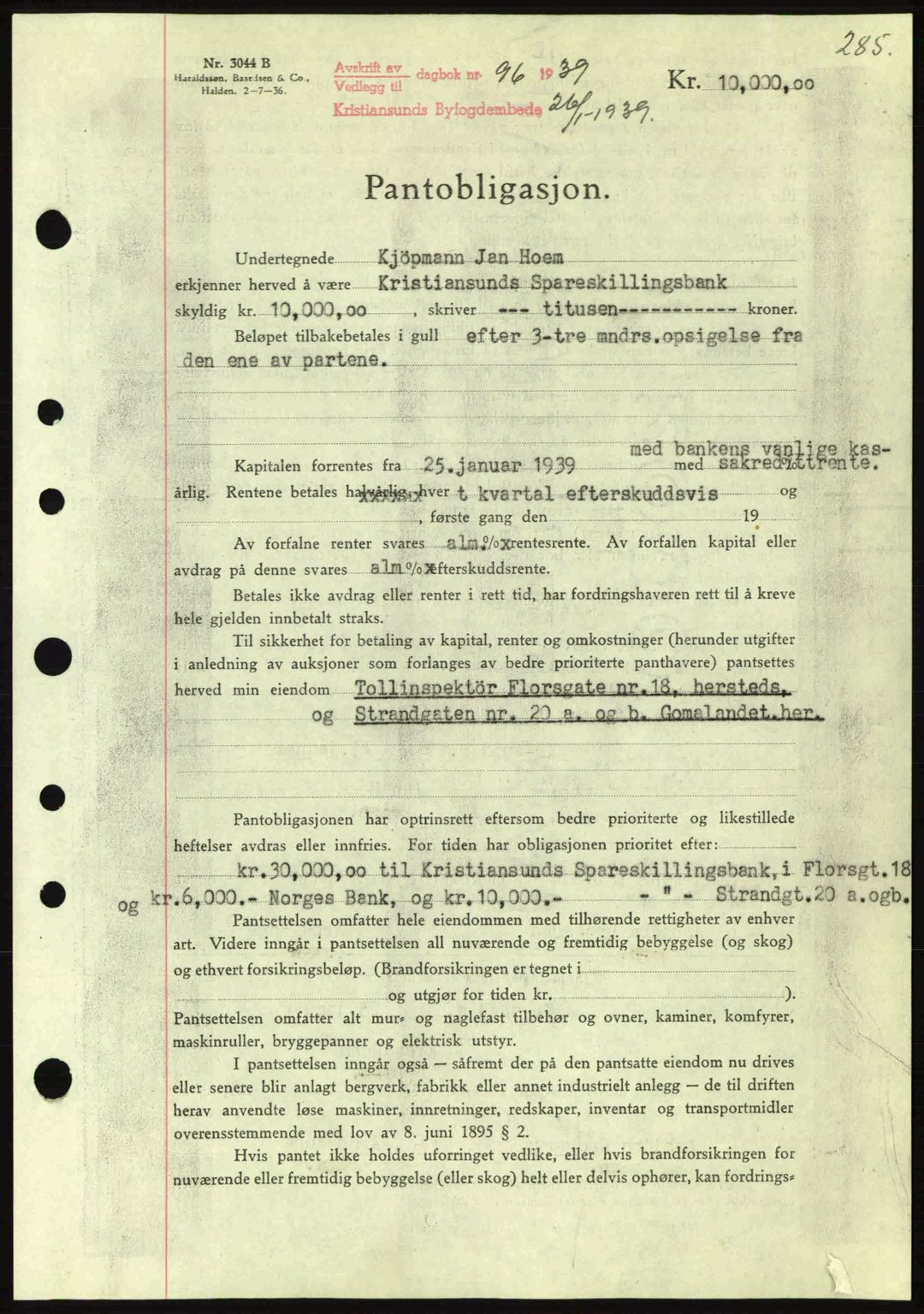 Kristiansund byfogd, SAT/A-4587/A/27: Mortgage book no. 31, 1938-1939, Diary no: : 96/1939