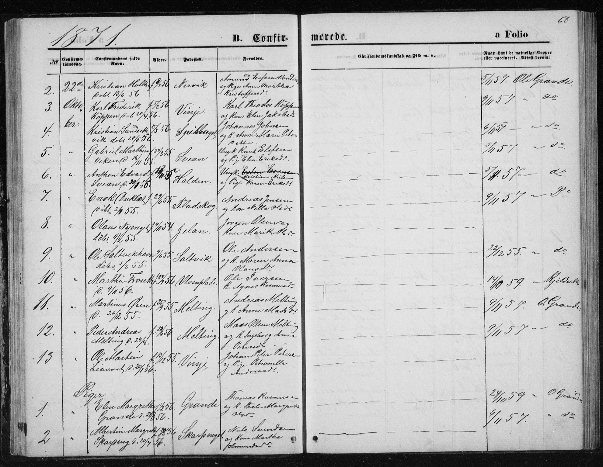 Ministerialprotokoller, klokkerbøker og fødselsregistre - Nord-Trøndelag, AV/SAT-A-1458/733/L0324: Parish register (official) no. 733A03, 1870-1883, p. 68