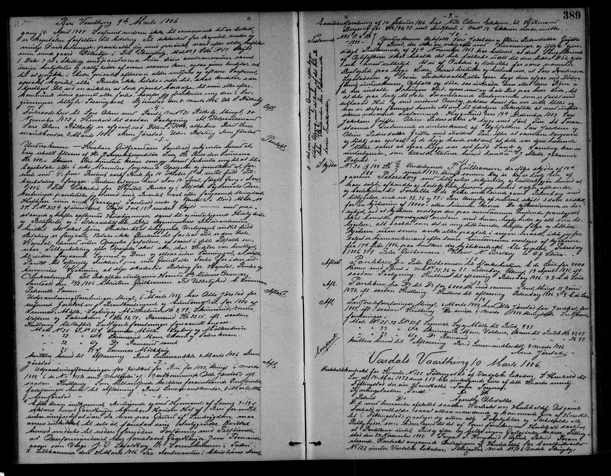 Toten tingrett, AV/SAH-TING-006/H/Hb/Hba/L0014: Mortgage book no. 14, 1883-1888, p. 389
