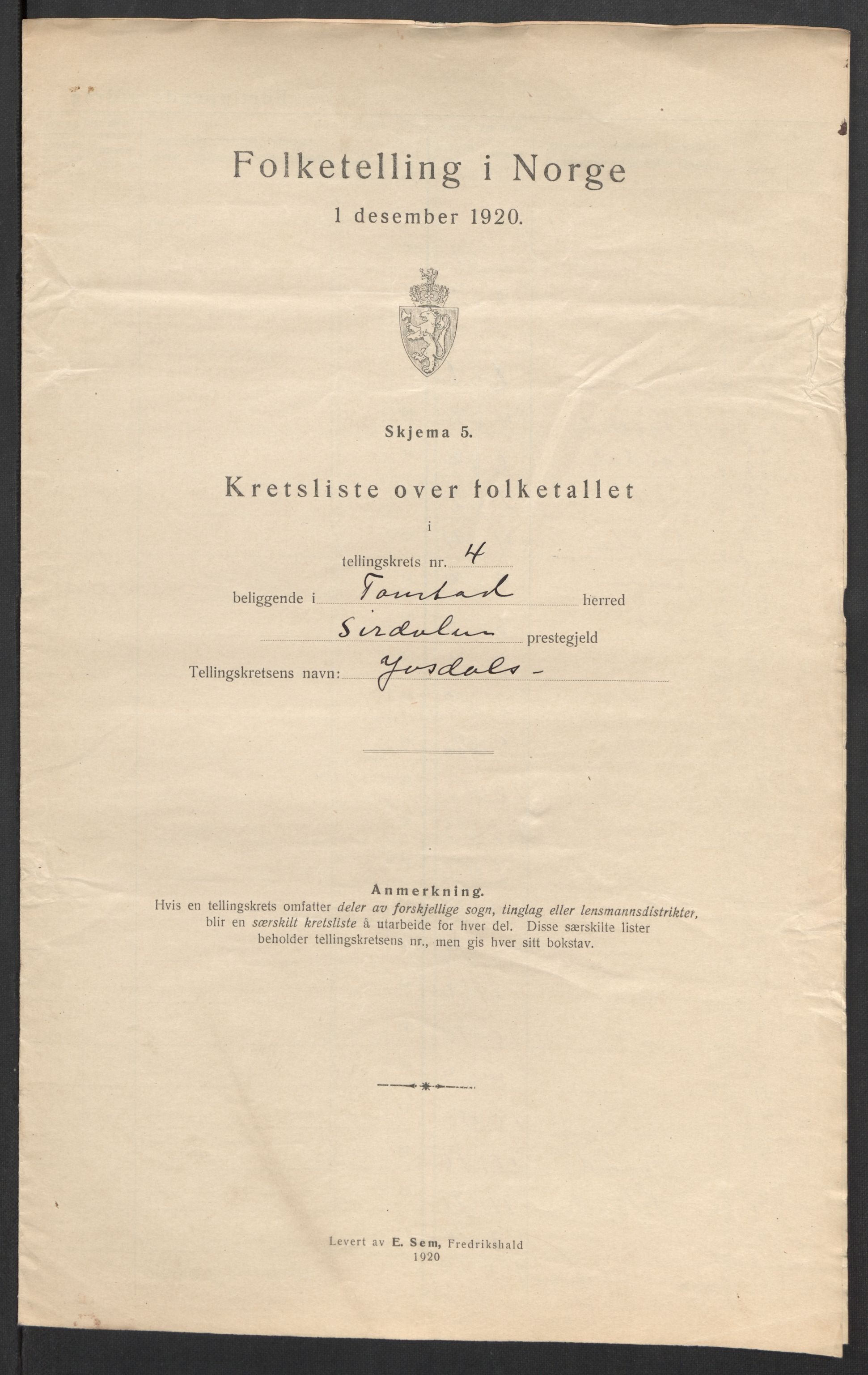 SAK, 1920 census for Tonstad, 1920, p. 20