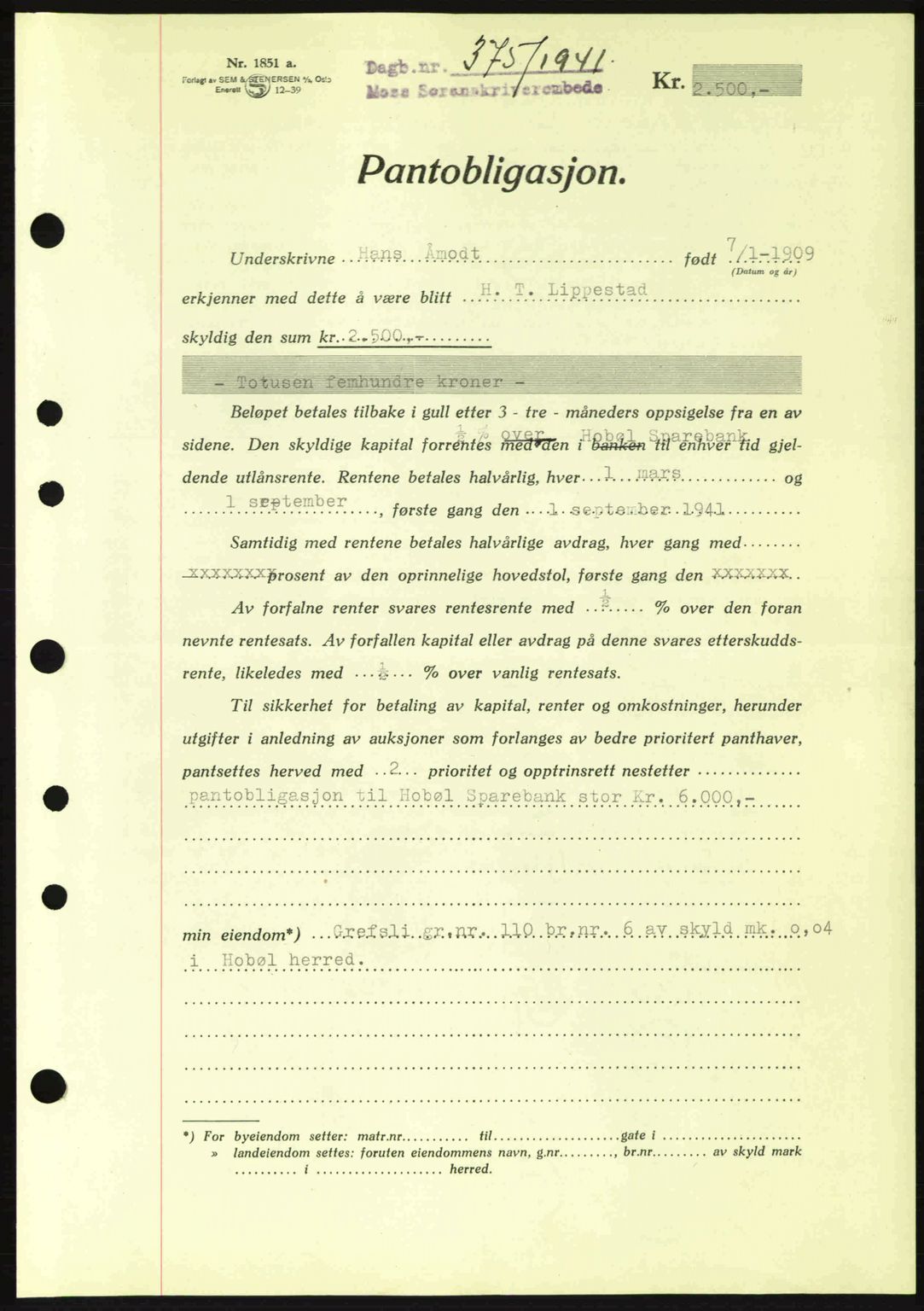 Moss sorenskriveri, SAO/A-10168: Mortgage book no. B10, 1940-1941, Diary no: : 375/1941