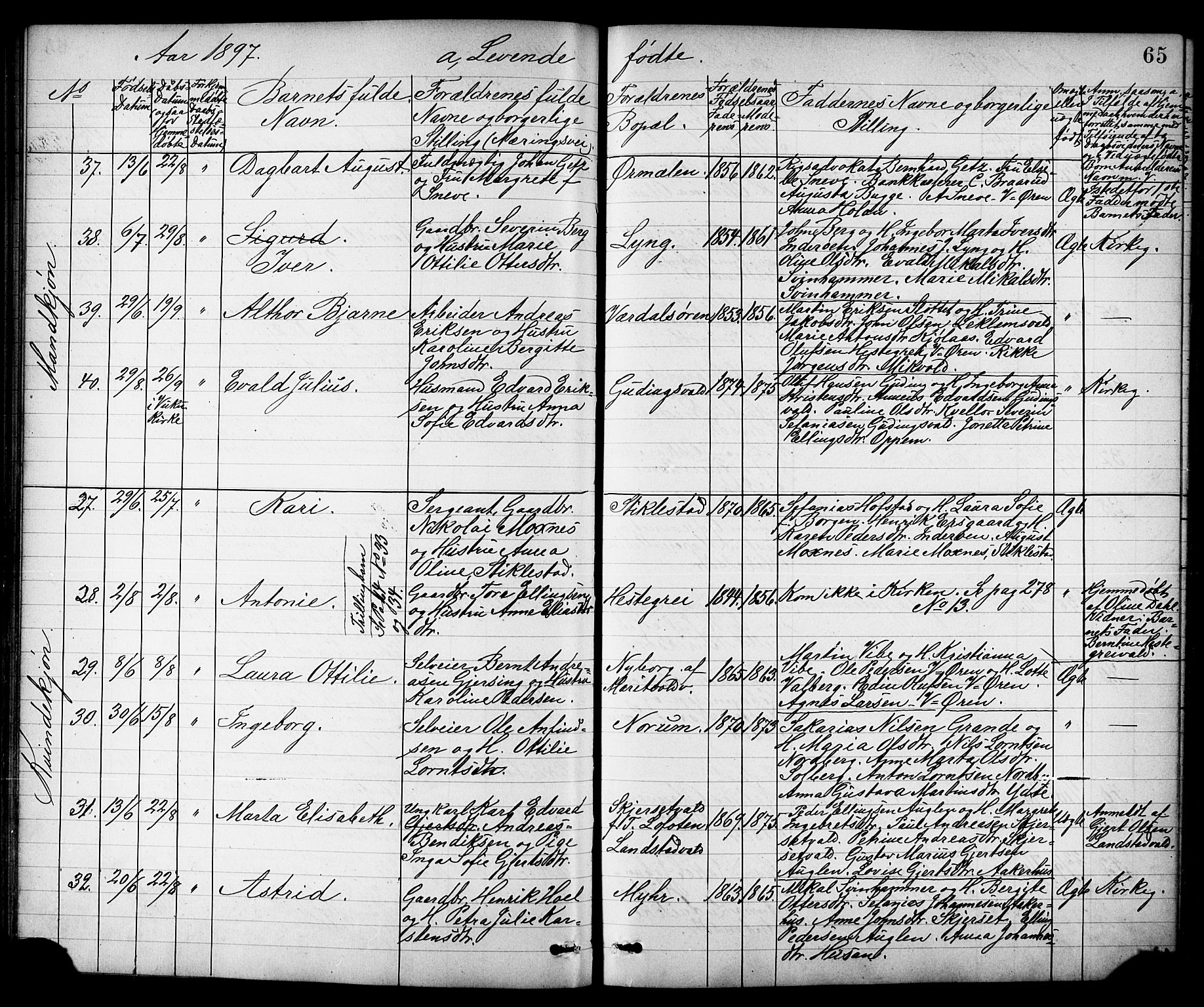 Ministerialprotokoller, klokkerbøker og fødselsregistre - Nord-Trøndelag, SAT/A-1458/723/L0257: Parish register (copy) no. 723C05, 1890-1907, p. 65