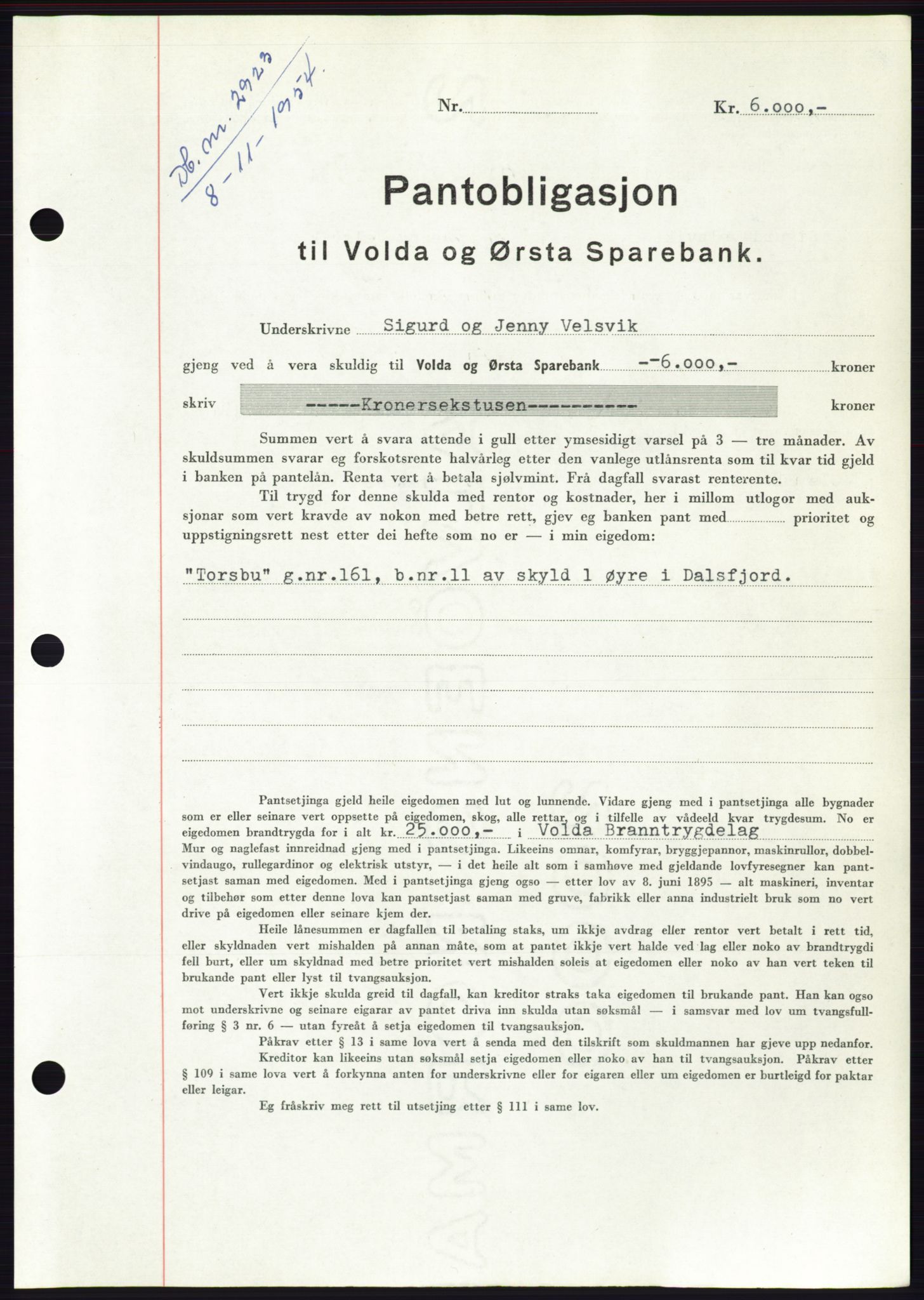 Søre Sunnmøre sorenskriveri, AV/SAT-A-4122/1/2/2C/L0126: Mortgage book no. 14B, 1954-1955, Diary no: : 2923/1954