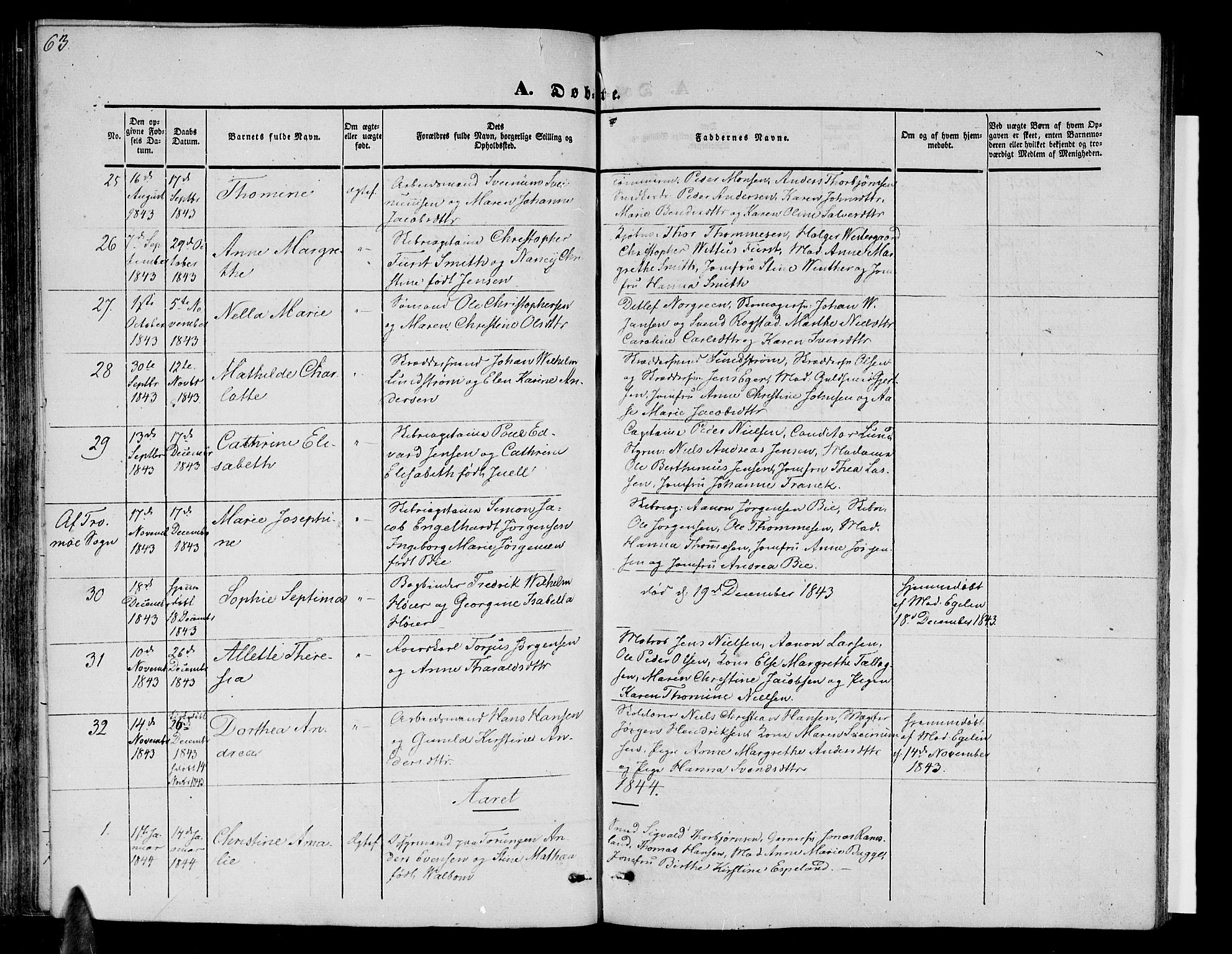 Arendal sokneprestkontor, Trefoldighet, SAK/1111-0040/F/Fb/L0002: Parish register (copy) no. B 2, 1838-1860, p. 63