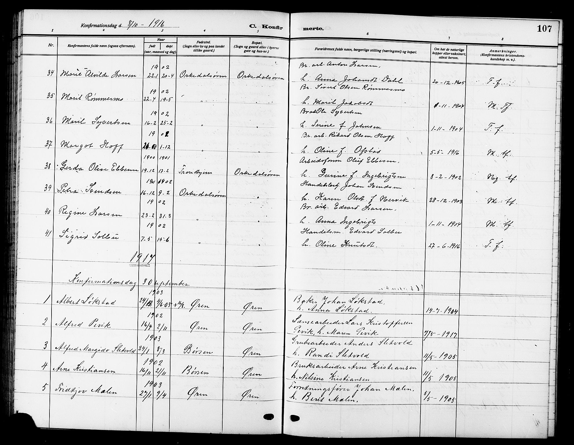 Ministerialprotokoller, klokkerbøker og fødselsregistre - Sør-Trøndelag, SAT/A-1456/669/L0831: Parish register (copy) no. 669C01, 1909-1924, p. 107