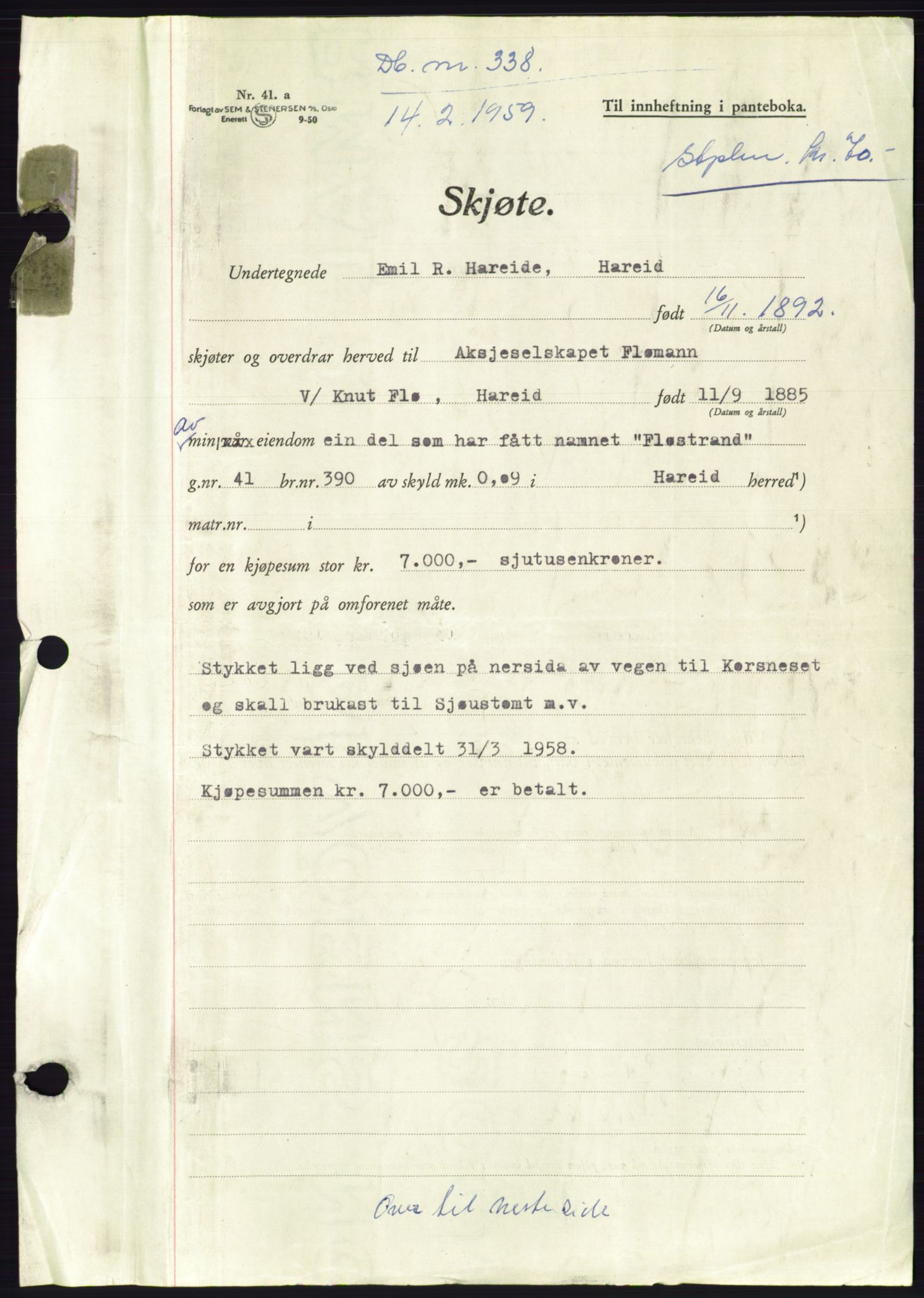 Søre Sunnmøre sorenskriveri, AV/SAT-A-4122/1/2/2C/L0112: Mortgage book no. 38A, 1959-1959, Diary no: : 338/1959
