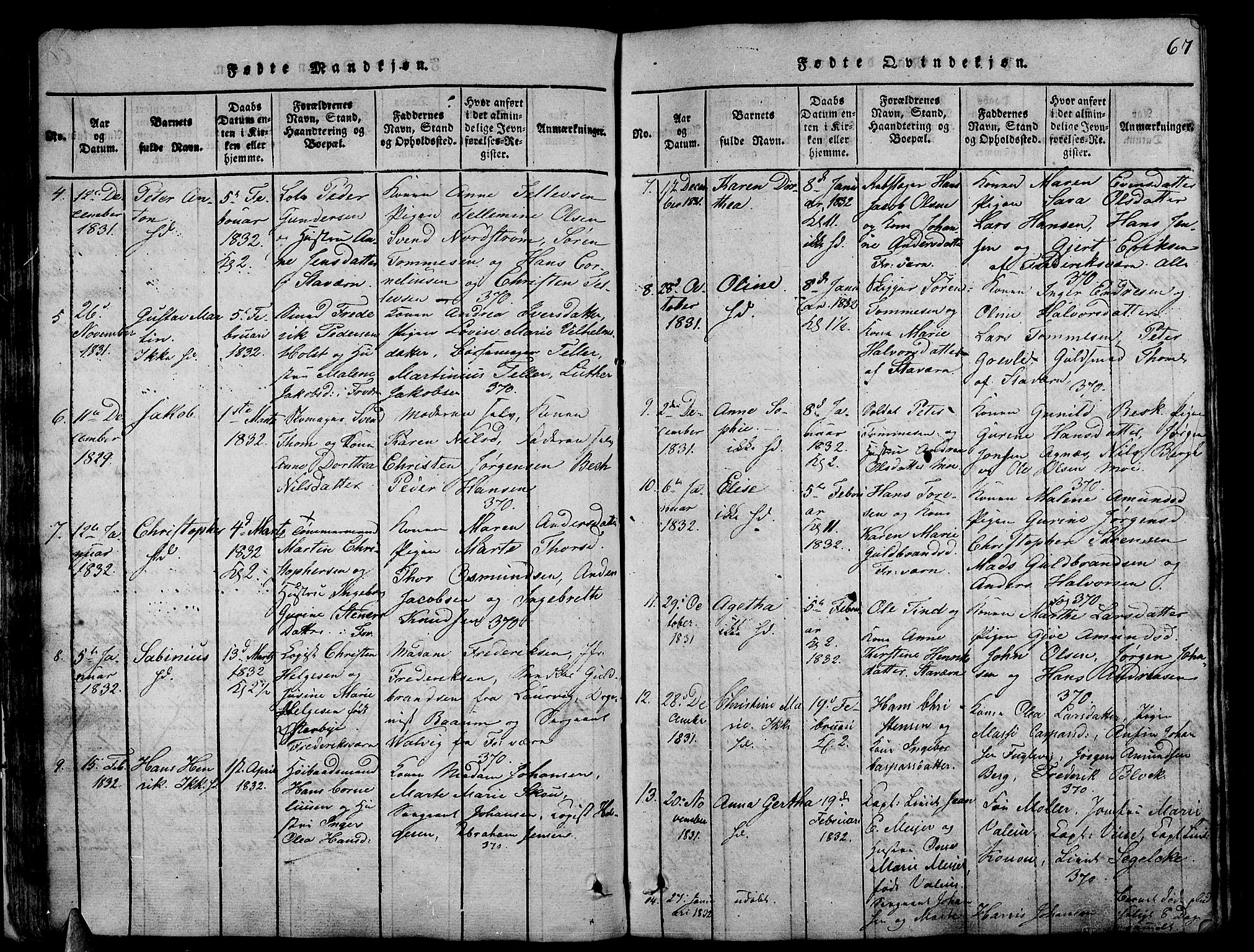 Stavern kirkebøker, AV/SAKO-A-318/G/Ga/L0001: Parish register (copy) no. 1, 1817-1841, p. 67