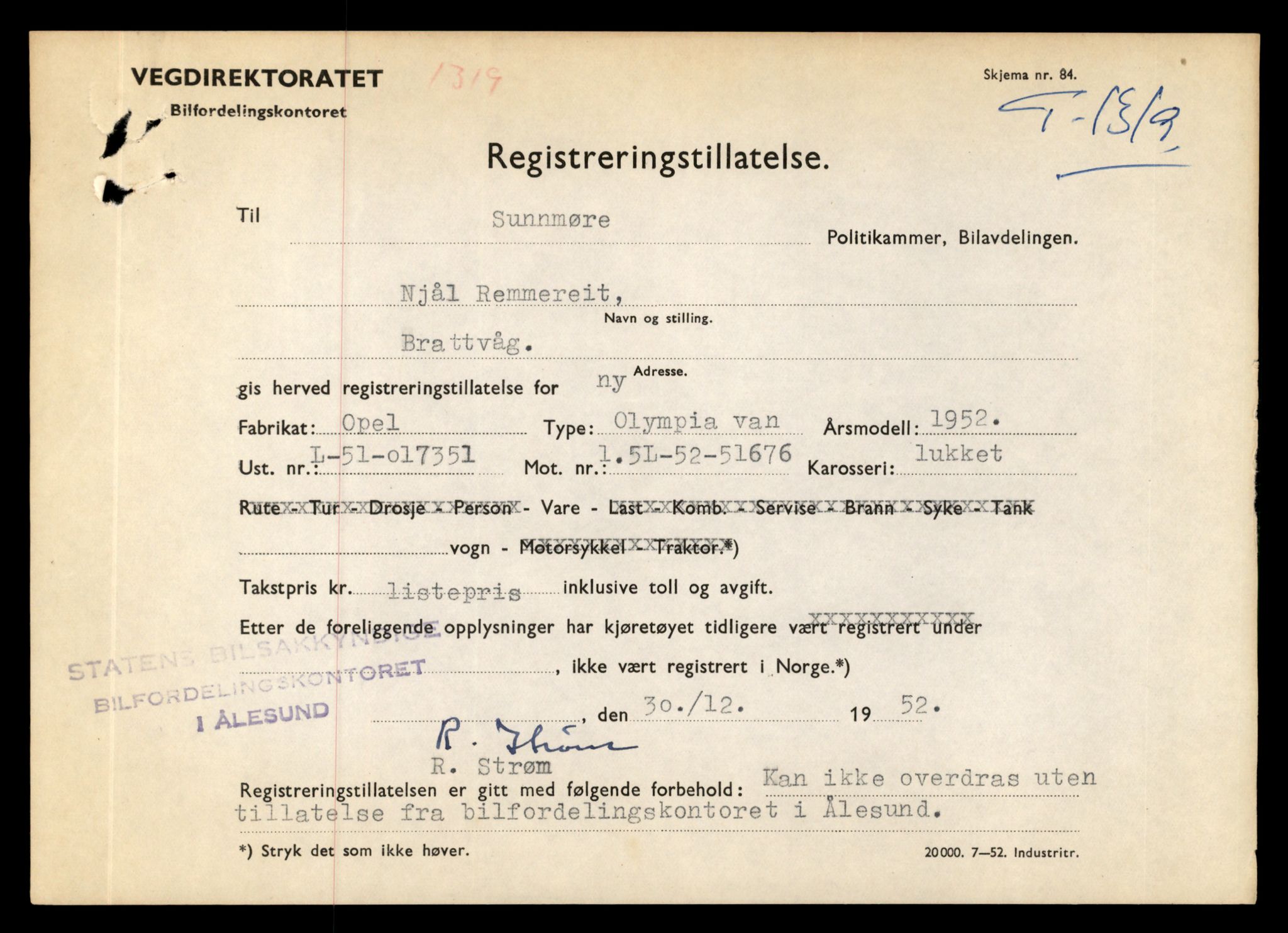 Møre og Romsdal vegkontor - Ålesund trafikkstasjon, AV/SAT-A-4099/F/Fe/L0012: Registreringskort for kjøretøy T 1290 - T 1450, 1927-1998, p. 809