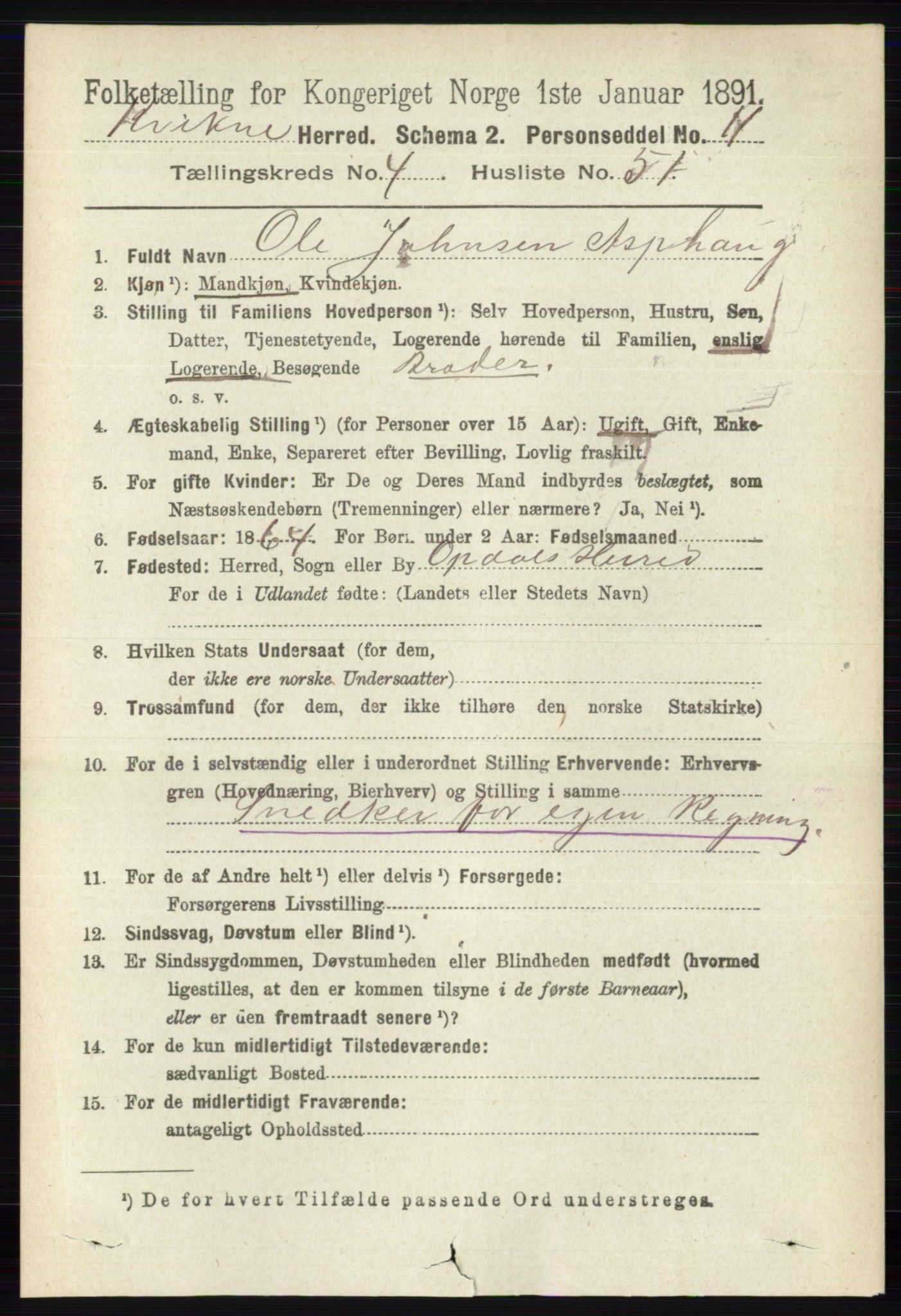 RA, 1891 census for 0440 Kvikne, 1891, p. 1278