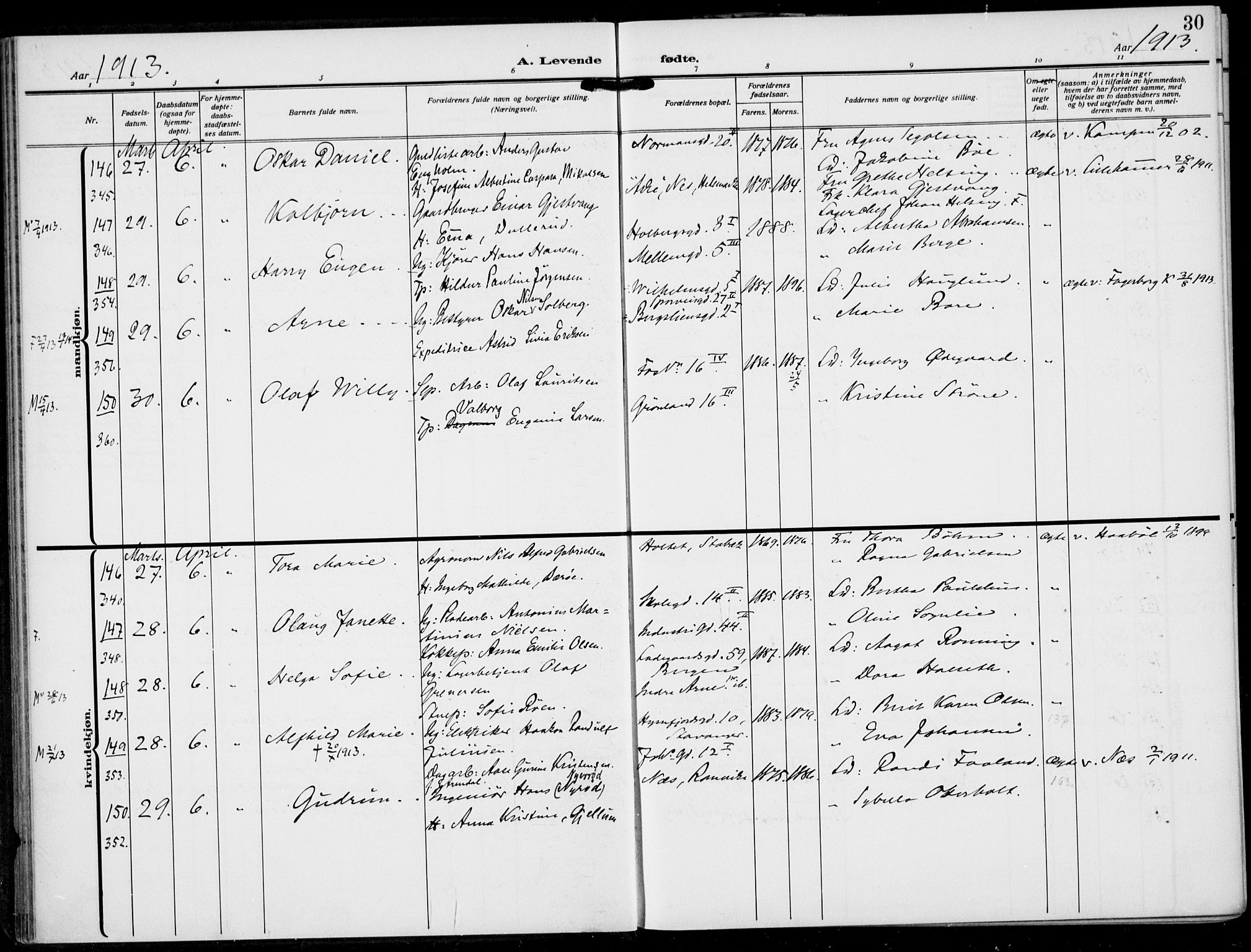 Rikshospitalet prestekontor Kirkebøker, SAO/A-10309b/F/L0015: Parish register (official) no. 15, 1913-1915, p. 30