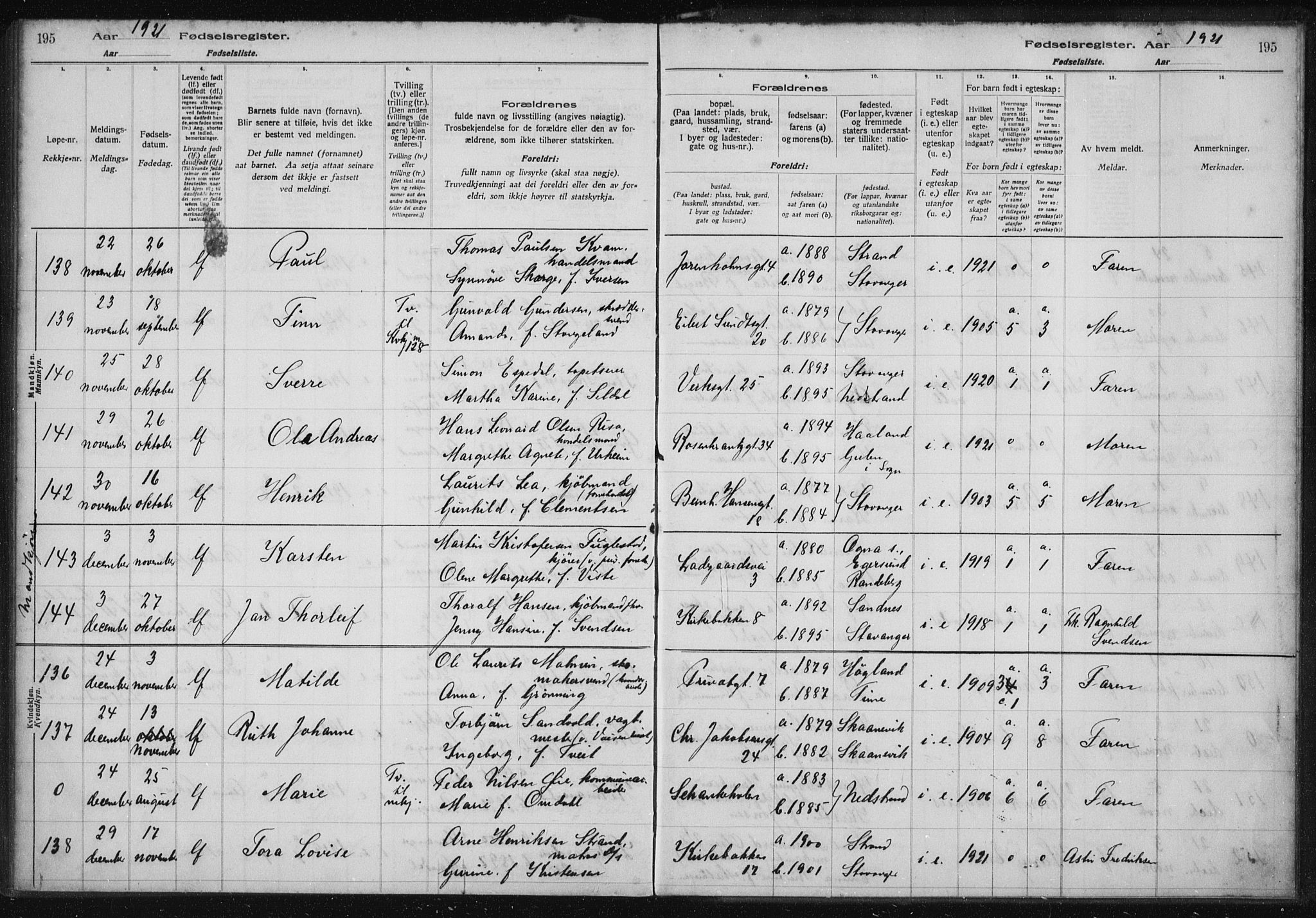 St. Petri sokneprestkontor, AV/SAST-A-101813/002/A/L0001: Birth register no. 1, 1916-1922, p. 195