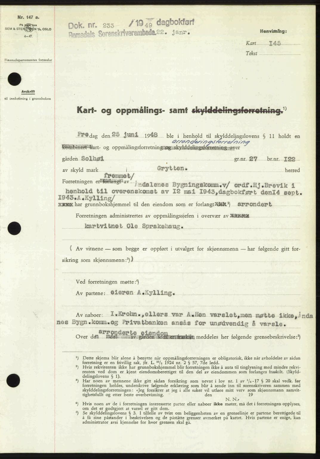 Romsdal sorenskriveri, AV/SAT-A-4149/1/2/2C: Mortgage book no. A28, 1948-1949, Diary no: : 233/1949