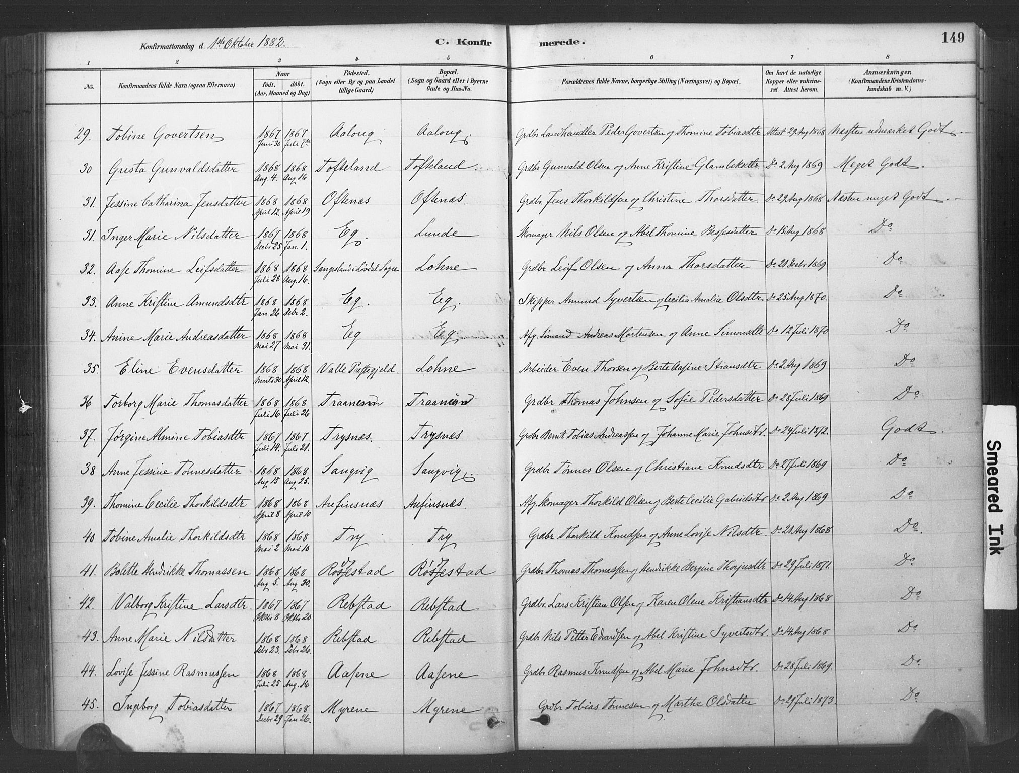 Søgne sokneprestkontor, SAK/1111-0037/F/Fa/Fab/L0012: Parish register (official) no. A 12, 1880-1891, p. 149