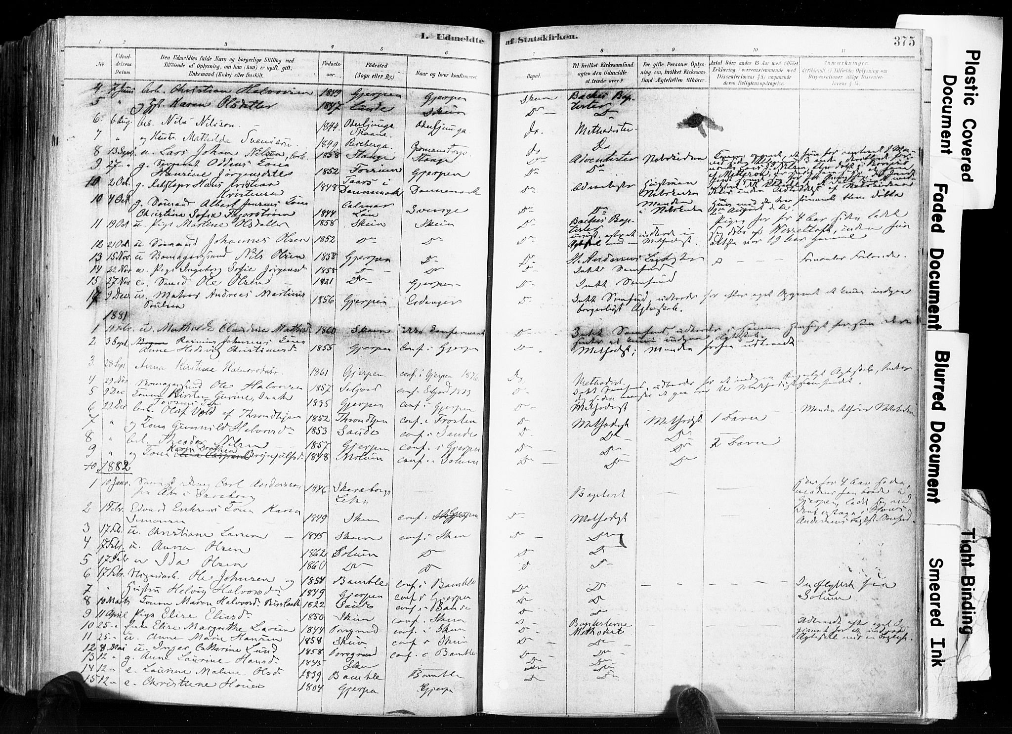 Skien kirkebøker, AV/SAKO-A-302/F/Fa/L0009: Parish register (official) no. 9, 1878-1890, p. 375