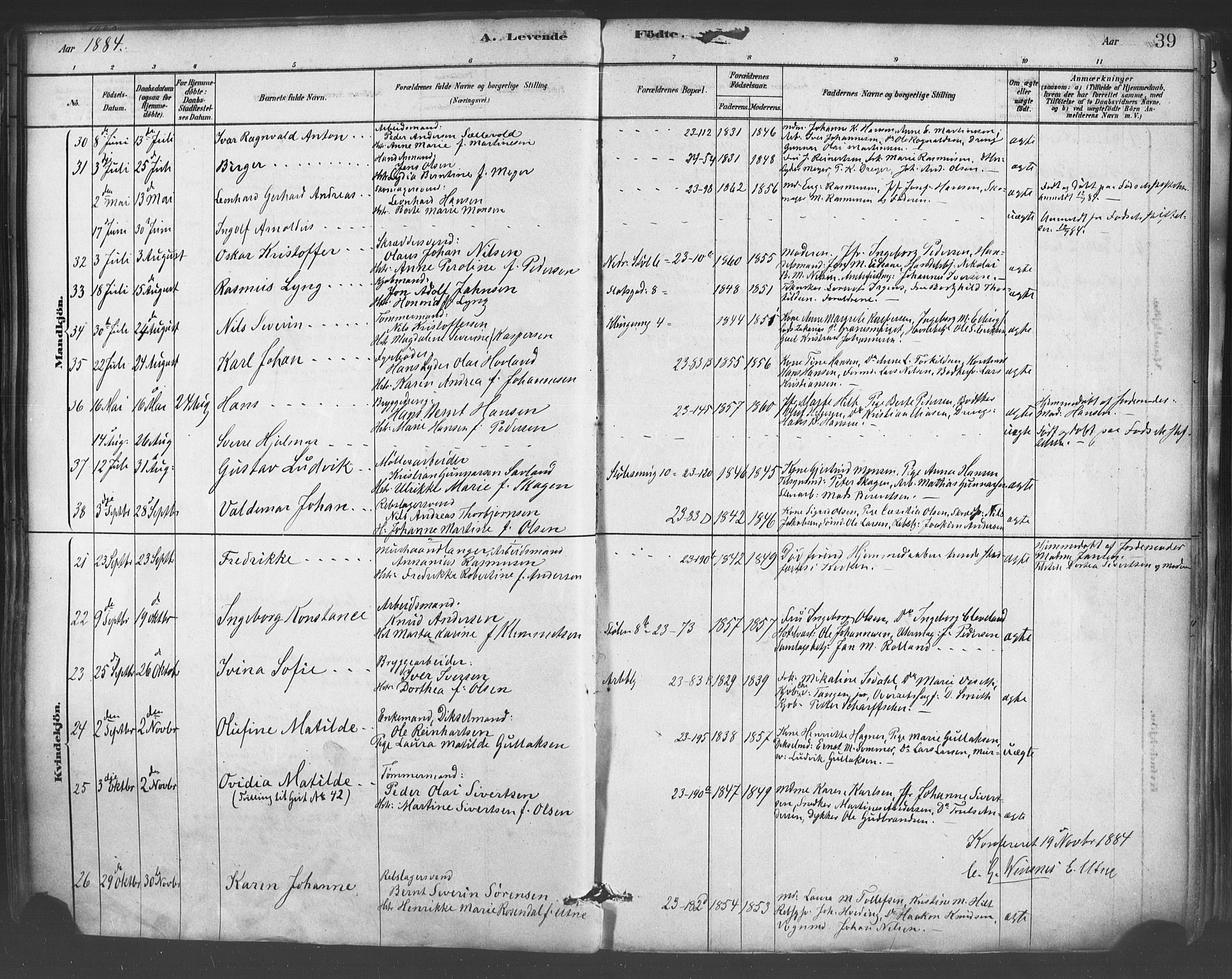 Mariakirken Sokneprestembete, SAB/A-76901/H/Haa/L0007: Parish register (official) no. A 7, 1878-1893, p. 39