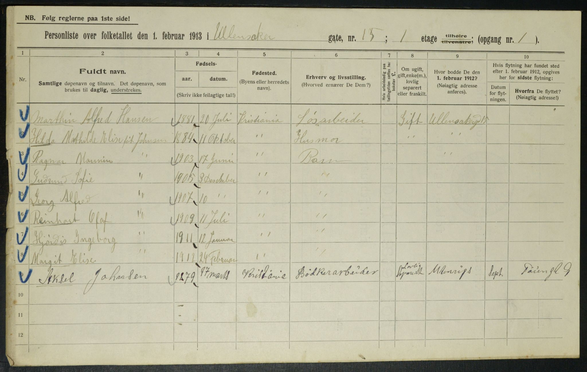 OBA, Municipal Census 1913 for Kristiania, 1913, p. 118784