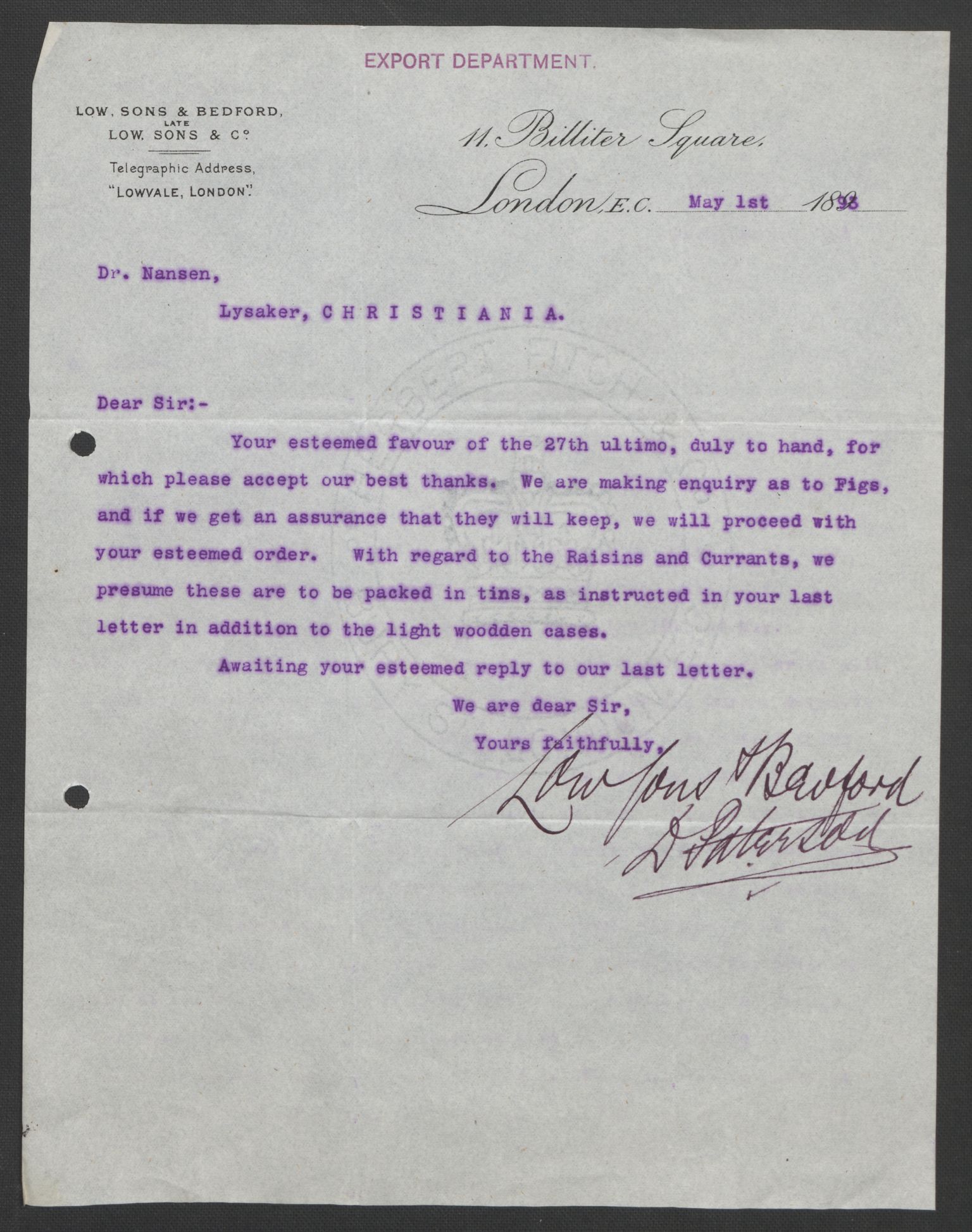 Arbeidskomitéen for Fridtjof Nansens polarekspedisjon, AV/RA-PA-0061/D/L0004: Innk. brev og telegrammer vedr. proviant og utrustning, 1892-1893, p. 745