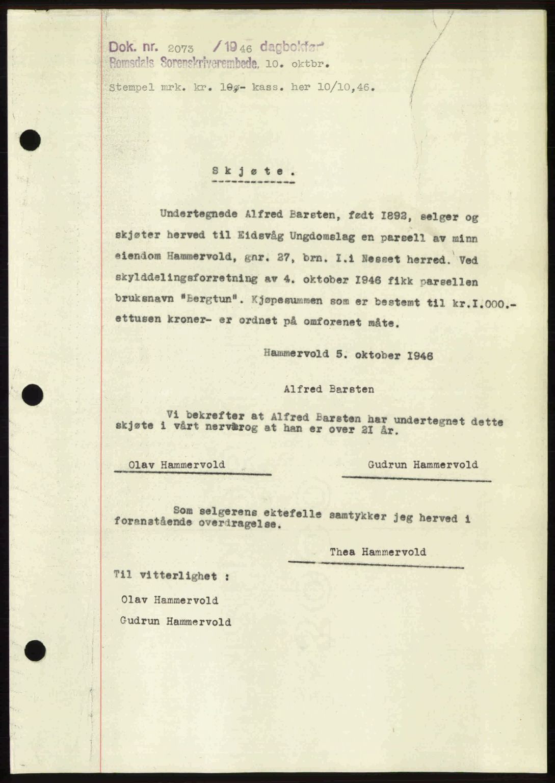 Romsdal sorenskriveri, AV/SAT-A-4149/1/2/2C: Mortgage book no. A21, 1946-1946, Diary no: : 2073/1946