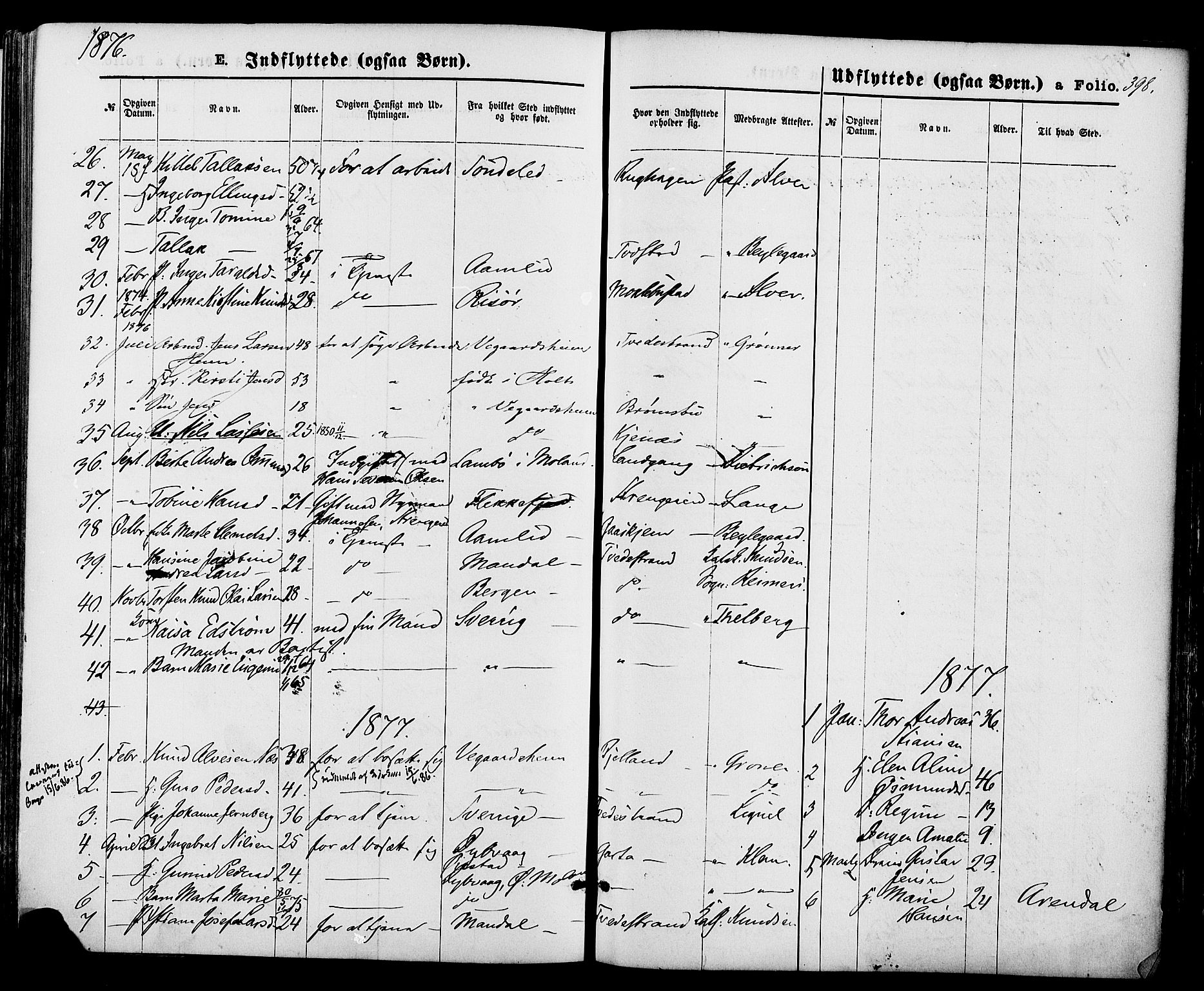 Holt sokneprestkontor, AV/SAK-1111-0021/F/Fa/L0010: Parish register (official) no. A 10, 1872-1885, p. 398