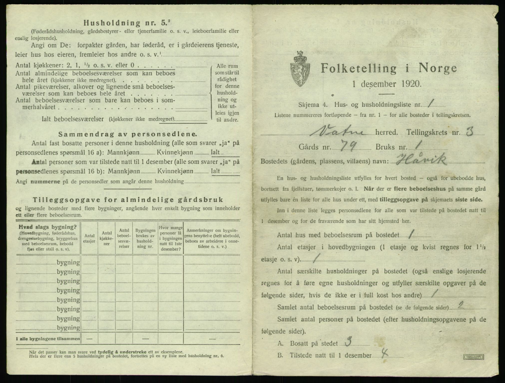 SAT, 1920 census for Vatne, 1920, p. 174