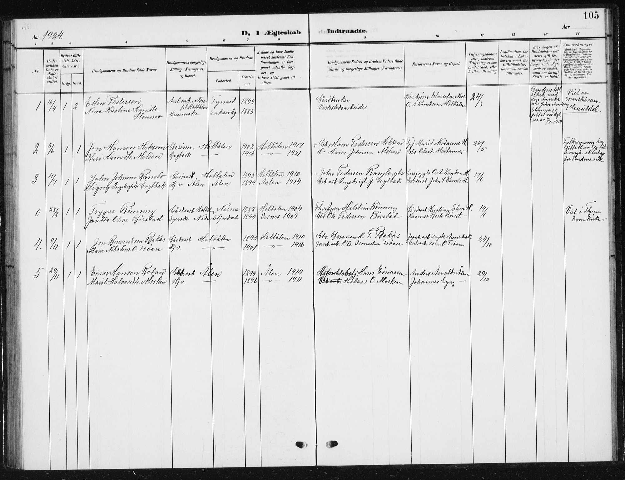 Ministerialprotokoller, klokkerbøker og fødselsregistre - Sør-Trøndelag, SAT/A-1456/685/L0979: Parish register (copy) no. 685C04, 1908-1933, p. 105