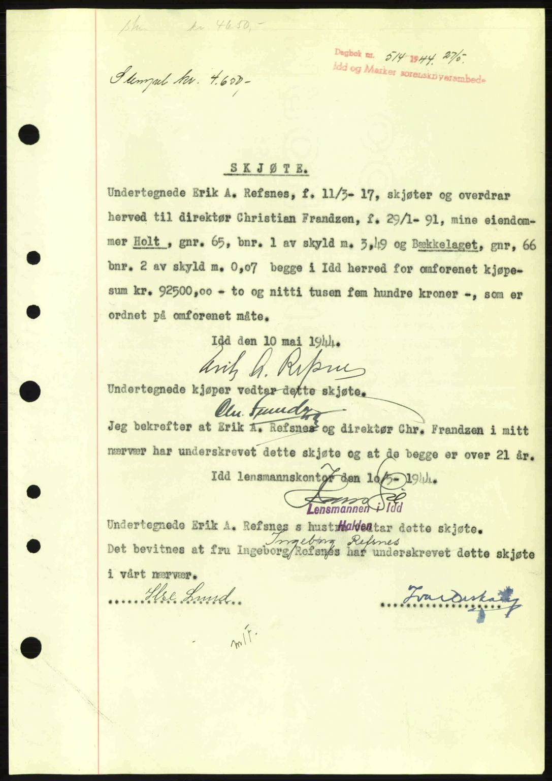 Idd og Marker sorenskriveri, AV/SAO-A-10283/G/Gb/Gbb/L0006: Mortgage book no. A6, 1943-1944, Diary no: : 514/1944